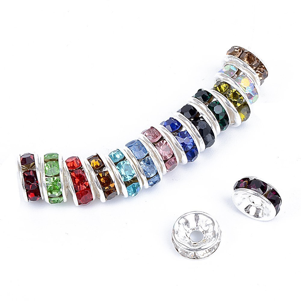 Bingcute 100 Pcs Silver Crystal Rondelle Spacer Beads - 8mm Jewelry Making Beads for Bracelets, Necklaces & DIY Crafts - Assorted Colors, Bright Plated Finish - Perfect for Handmade Jewelry & Gift Making