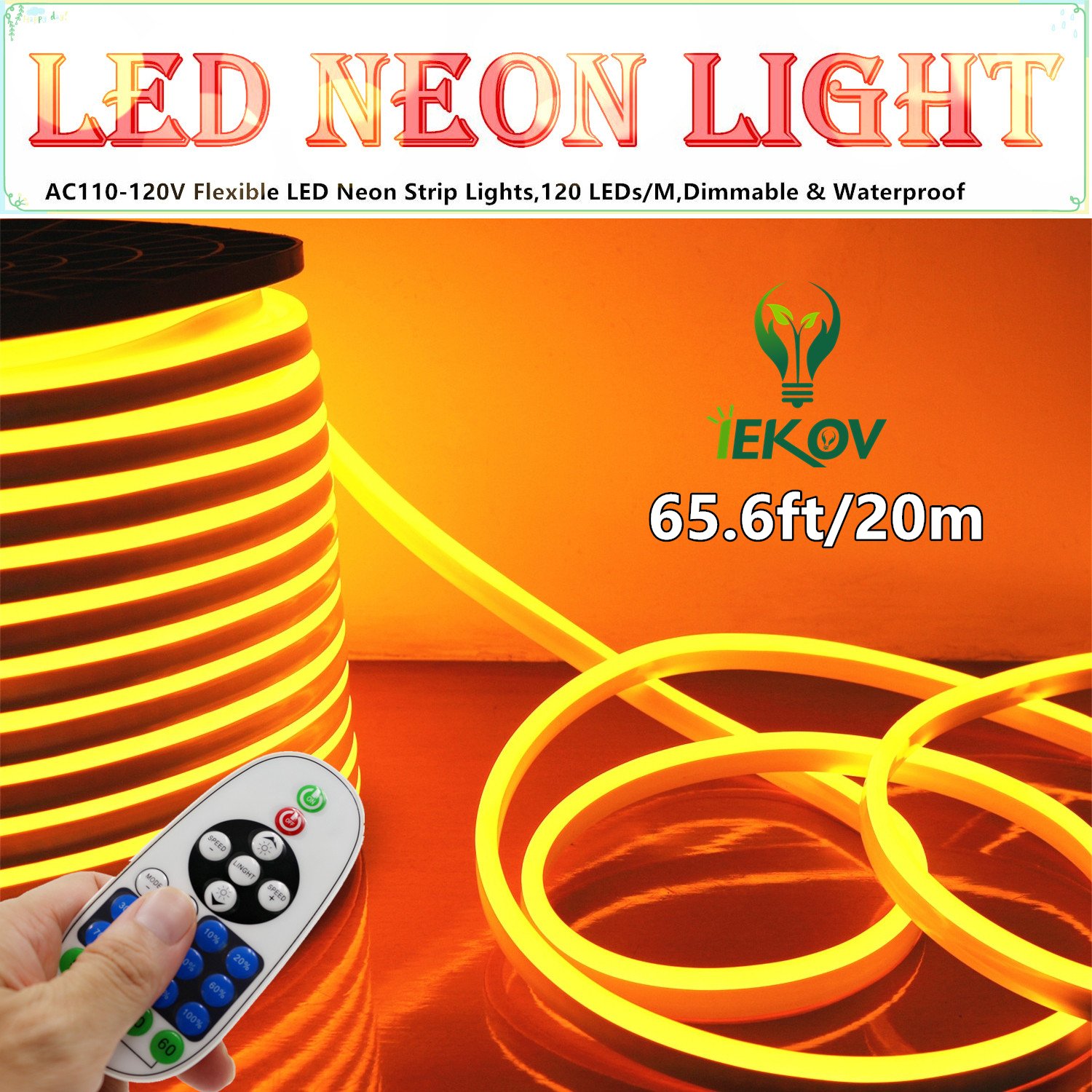 20M (65.6ft) Flexible LED Neon Strip Lights - 120 LEDs/M, Dimmable, Waterproof 2835 SMD Rope Light with Remote Controller, AC 110-120V for Home, Bar, Wedding, Party & Outdoor Decoration (Golden Yellow)