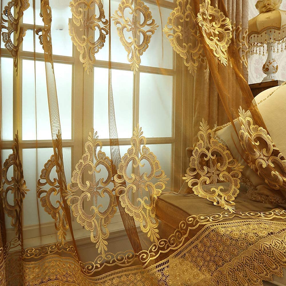 NewWPKIRA Brown European Sheer Curtains - Floral Embroidered Voile Window Panels (2 Pack) for Living Room - 39x96 Inches - Rod Pocket Top - Luxury Tulle Drapes for Bedroom, Dining Room & Home Decor
