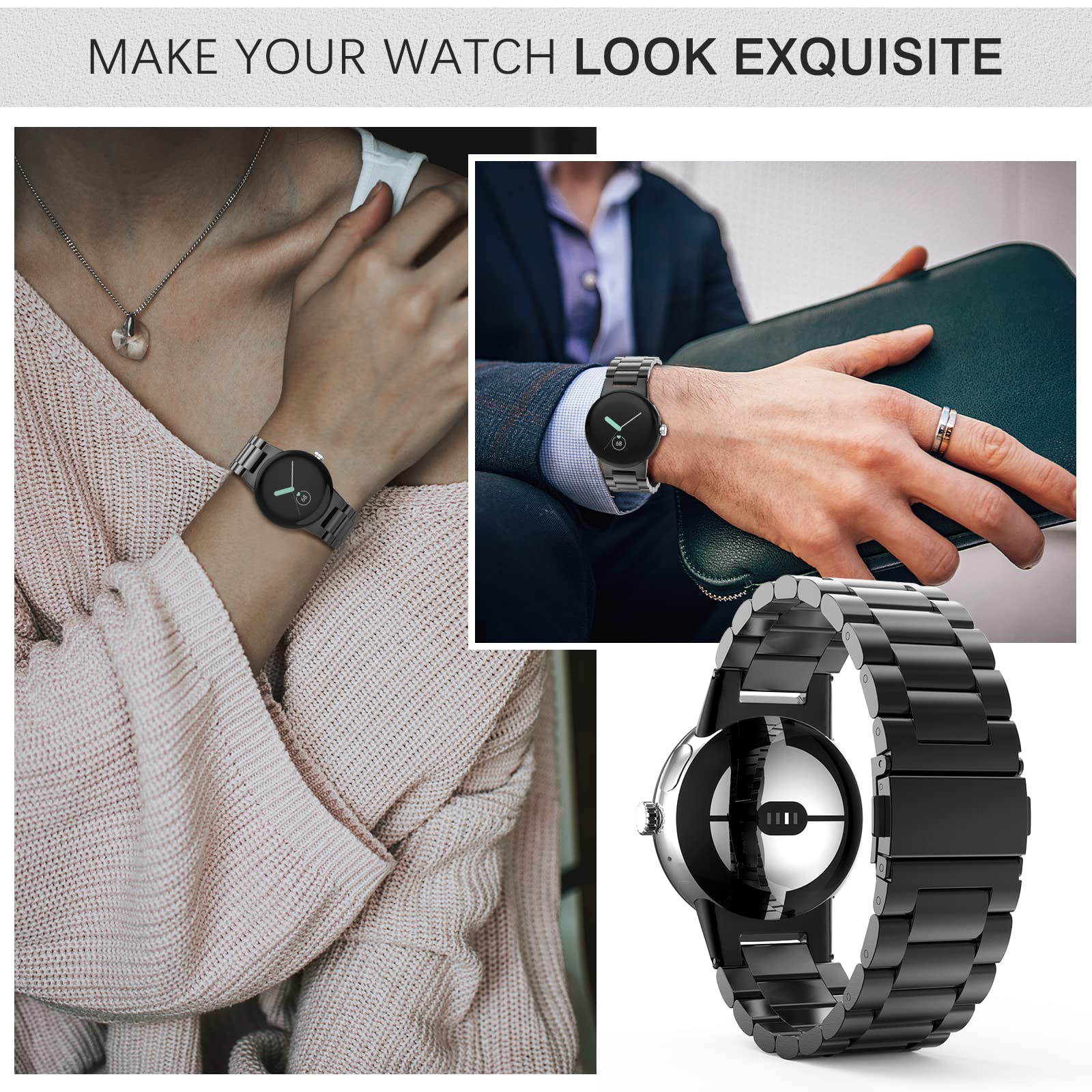 Premium Stainless Steel Watch Band for Google Pixel Watch 3 41mm/Pixel Watch 2/Pixel Watch - Durable Metal Replacement Strap for Men & Women (Black) - Perfect for Workouts, Office Wear & Everyday Use