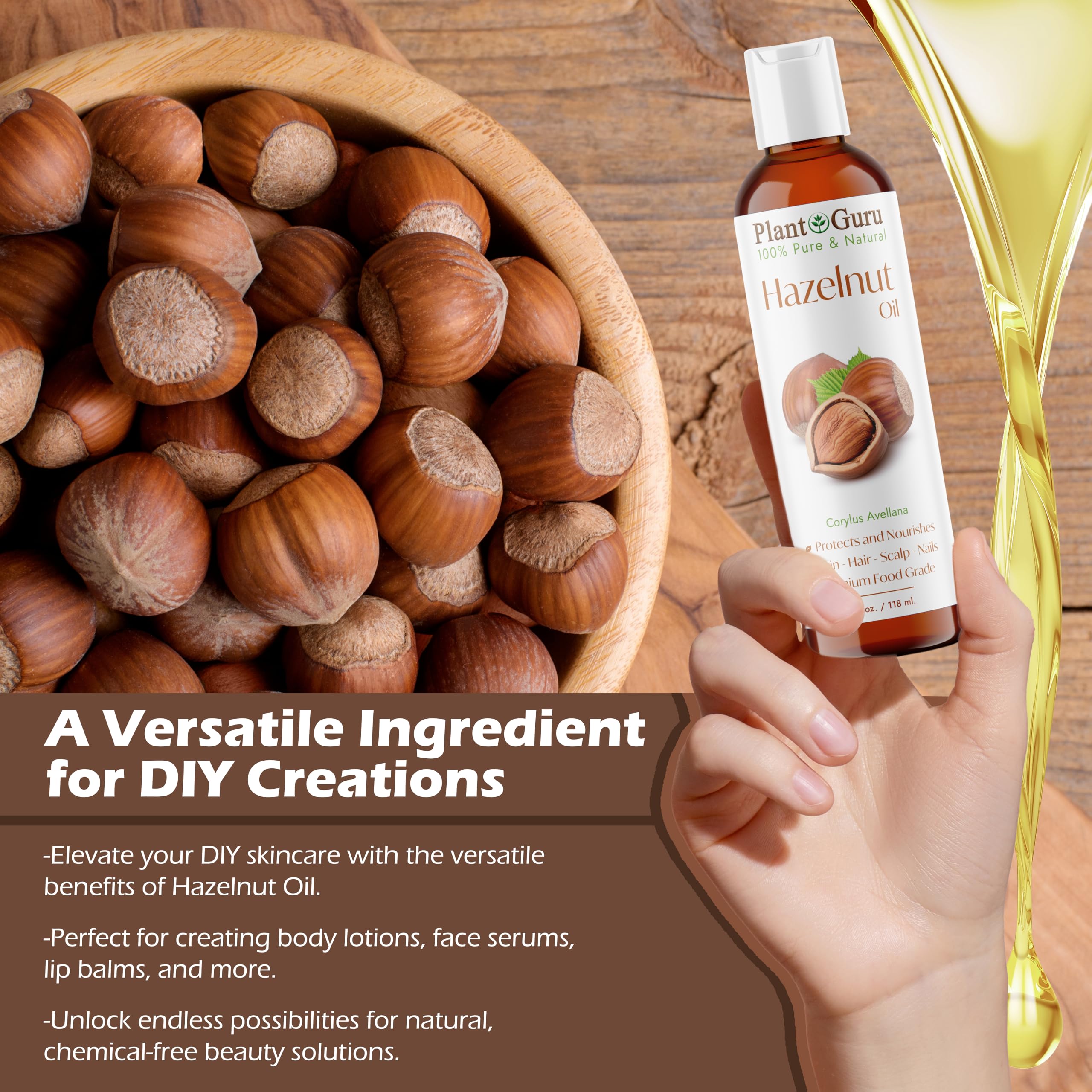 100% Pure Cold Pressed Hazelnut Oil - 4 fl oz Natural Carrier Oil for Skin, Face, Body & Hair Growth | DIY Moisturizer for Creams, Lotions & Lip Balms | Perfect for Aromatherapy, Massage & Natural Beauty Routines