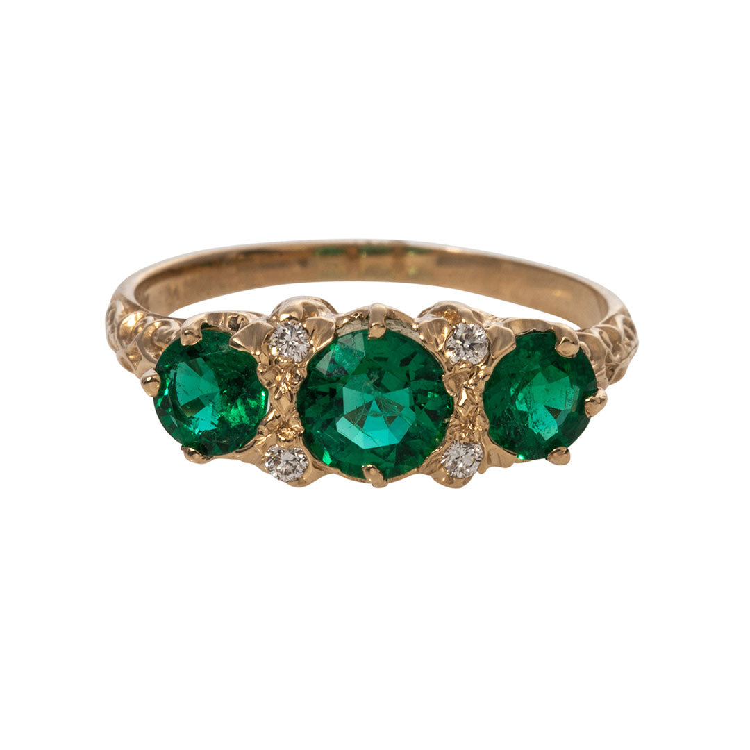 Three Stone Round Emerald and Diamond 14K Yellow Gold Engagement Ring for Women - Perfect for Proposals, Anniversaries & Special Occasions