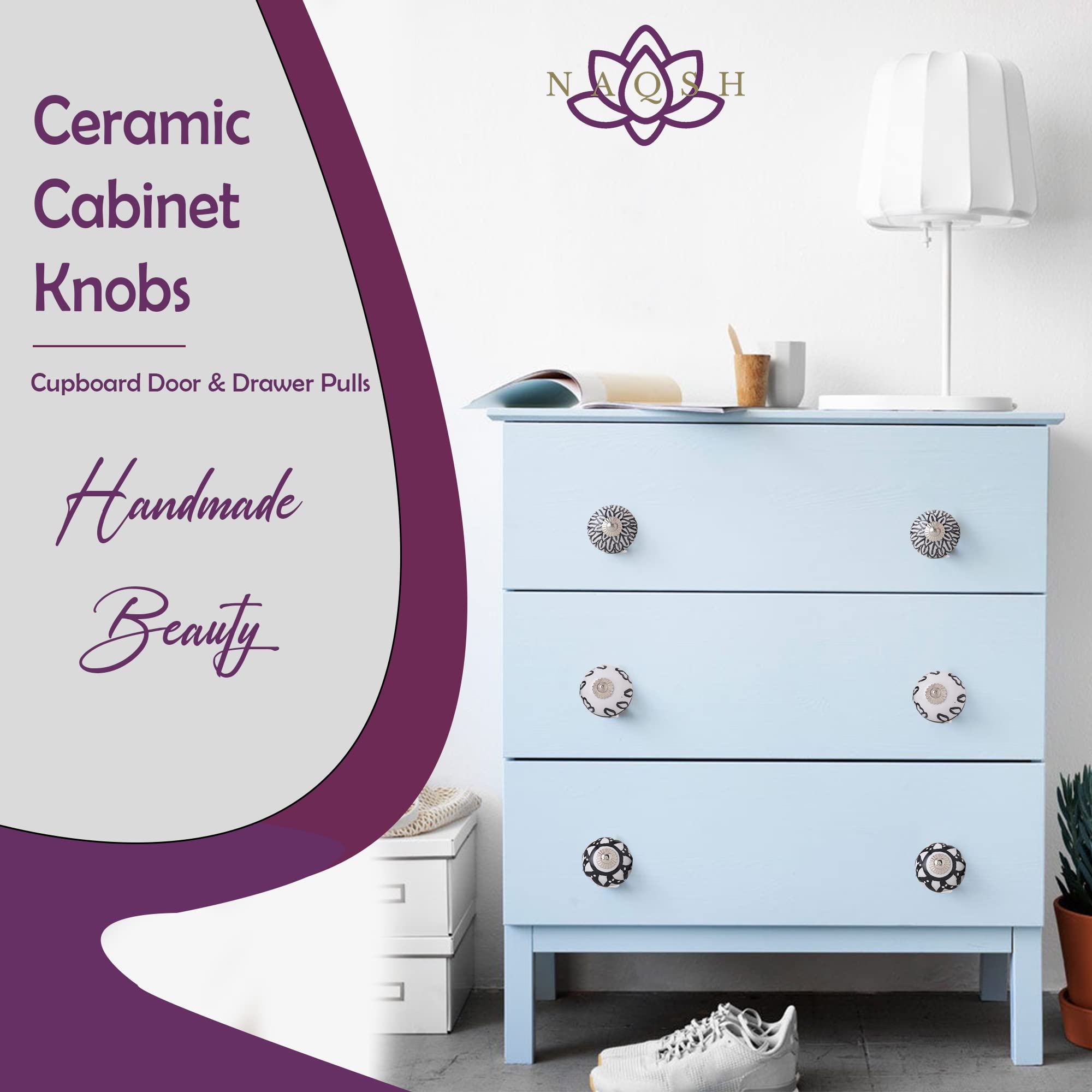 Handpainted Ceramic Drawer Knobs - Black & White Cabinet & Dresser Pulls for Kitchen, Office & Furniture (Pack of 12) - Perfect for Home Decor, DIY Projects & Cabinet Upgrades