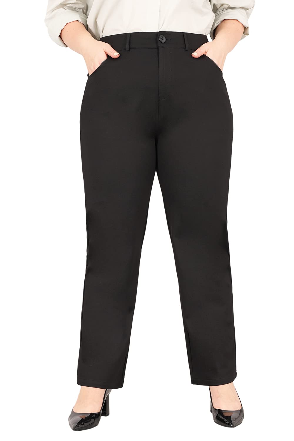 Bamans Women's Plus Size Stretch Elastic Waist Dress Pants - Office Work Pants & Casual Straight Leg Trousers for Professional and Everyday Wear