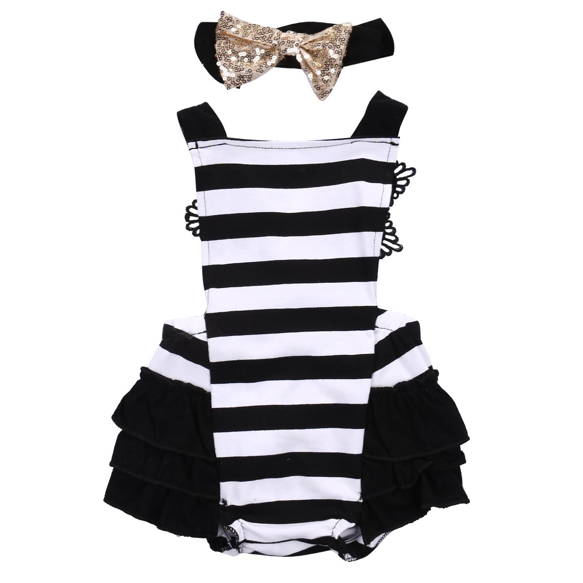 Adorable Baby Girl Striped Romper - Sleeveless Halter Jumpsuit & Sunsuit Set for 0-6 Months (Black) | Perfect for Summer Outings, Beach Play & Photo Shoots