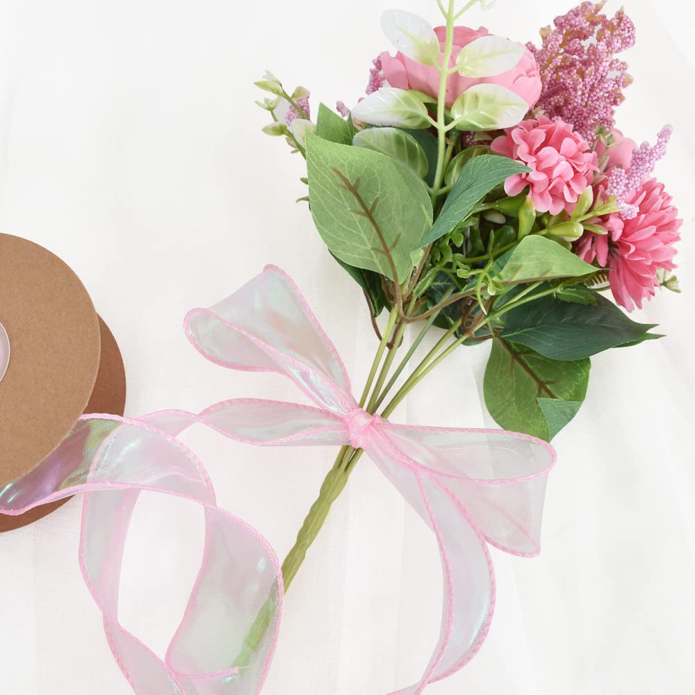 TONIFUL 1.5 Inch Wide Pink Laser Wired Chiffon Ribbon - Shimmery Sheer Organza Craft Ribbon for Wedding Bouquets, Gift Wrapping, Bow Making, Wreaths & Party Decorations - Perfect for Valentine's Day, Floral Arrangements & DIY Crafts (10 Yards)
