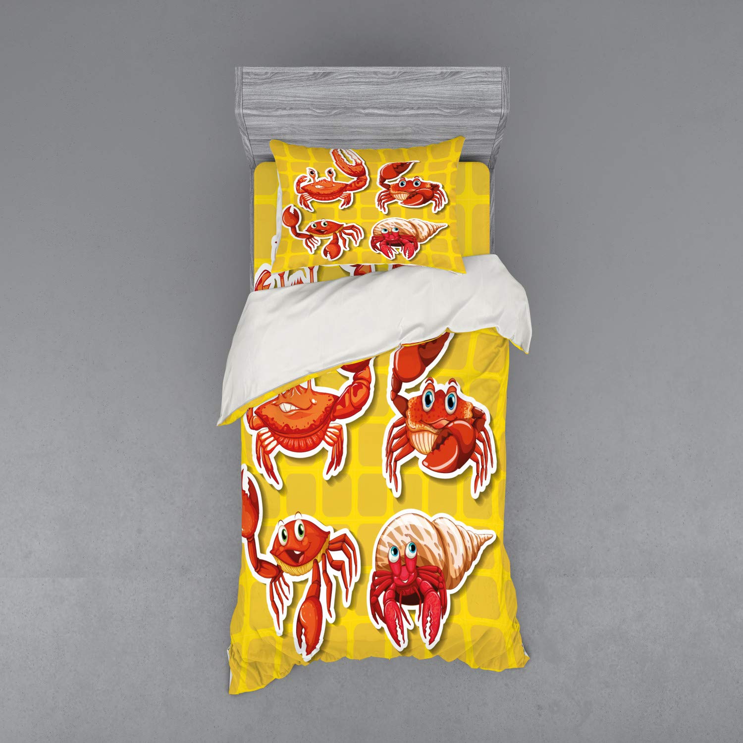 Ambesonne Cartoon Crab Duvet Cover Set - 3 Piece Twin Size Bedding with Sham & Fitted Sheet, Earth Yellow & Orange - Perfect for Kids' Rooms, Beach Themed Decor & Coastal Home Styling