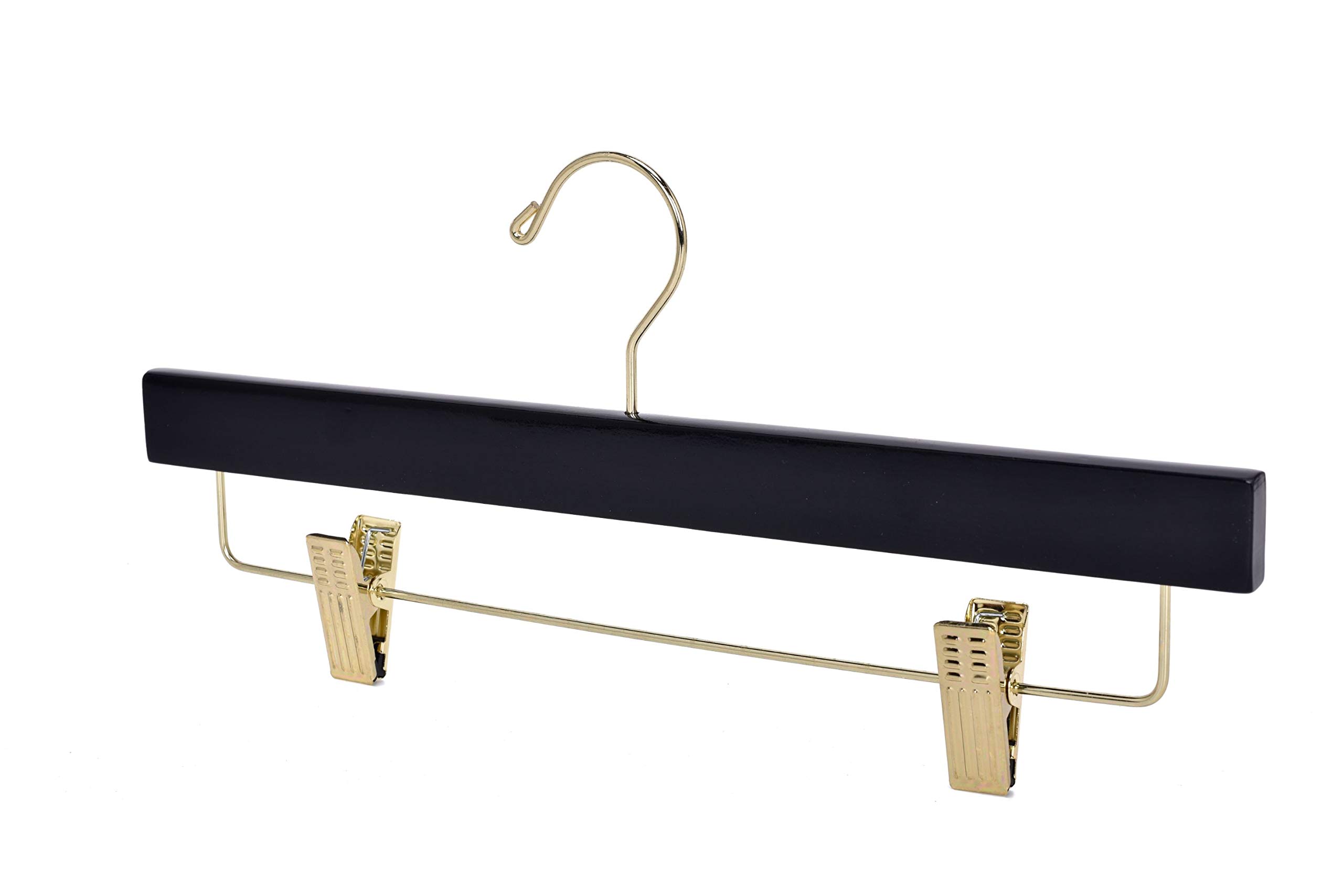 Premium Wooden Clothes Hangers with Swivel Hooks - 100-Pack Adjustable Clip Pants & Skirt Hangers for Closet Organization (Black & Gold) - Ideal for Home, Office, and Retail Store Use