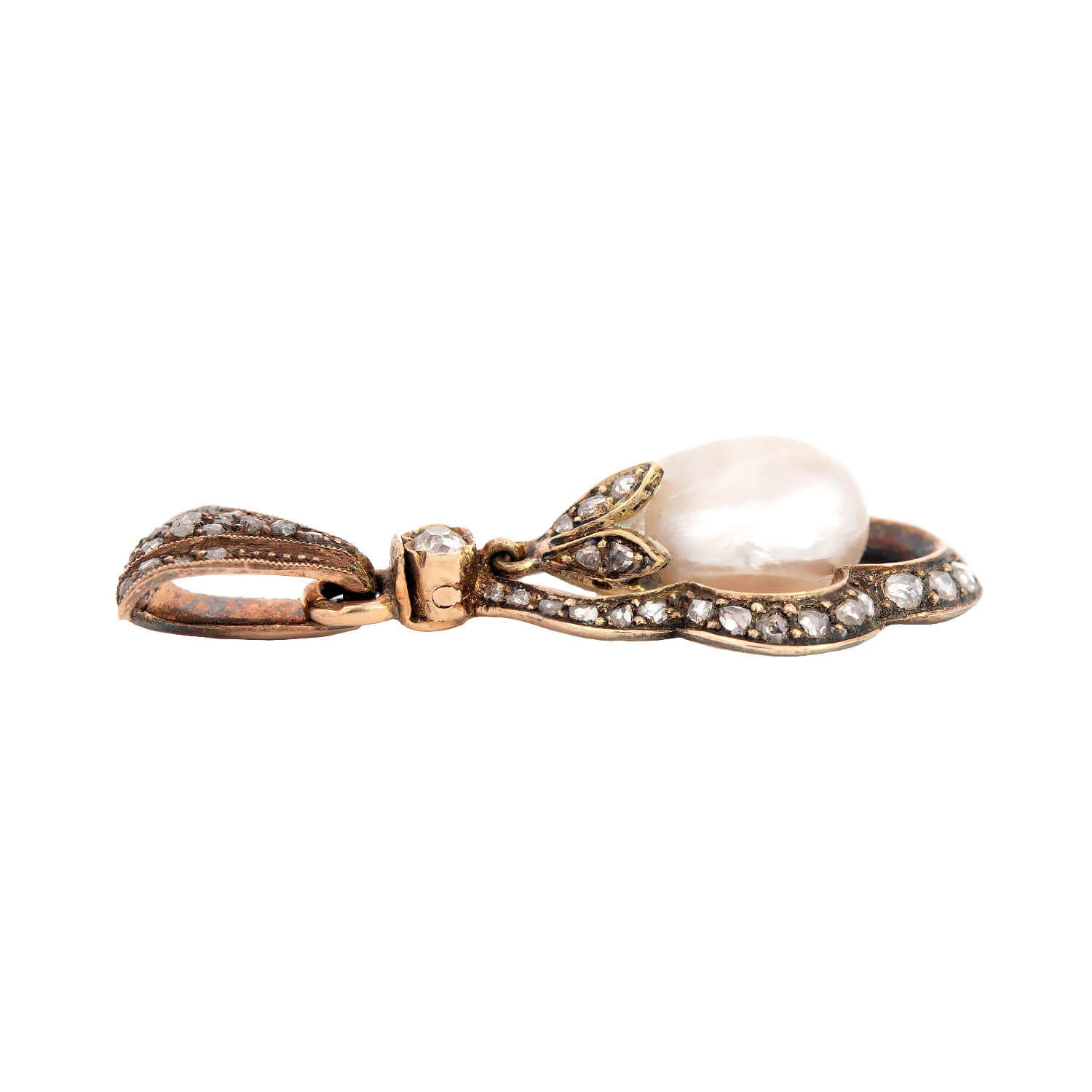 Victorian 14K Gold Sterling Silver Natural Pearl & Rose Cut Diamond Pendant Necklace - Elegant Jewelry for Weddings, Anniversaries & Special Occasions