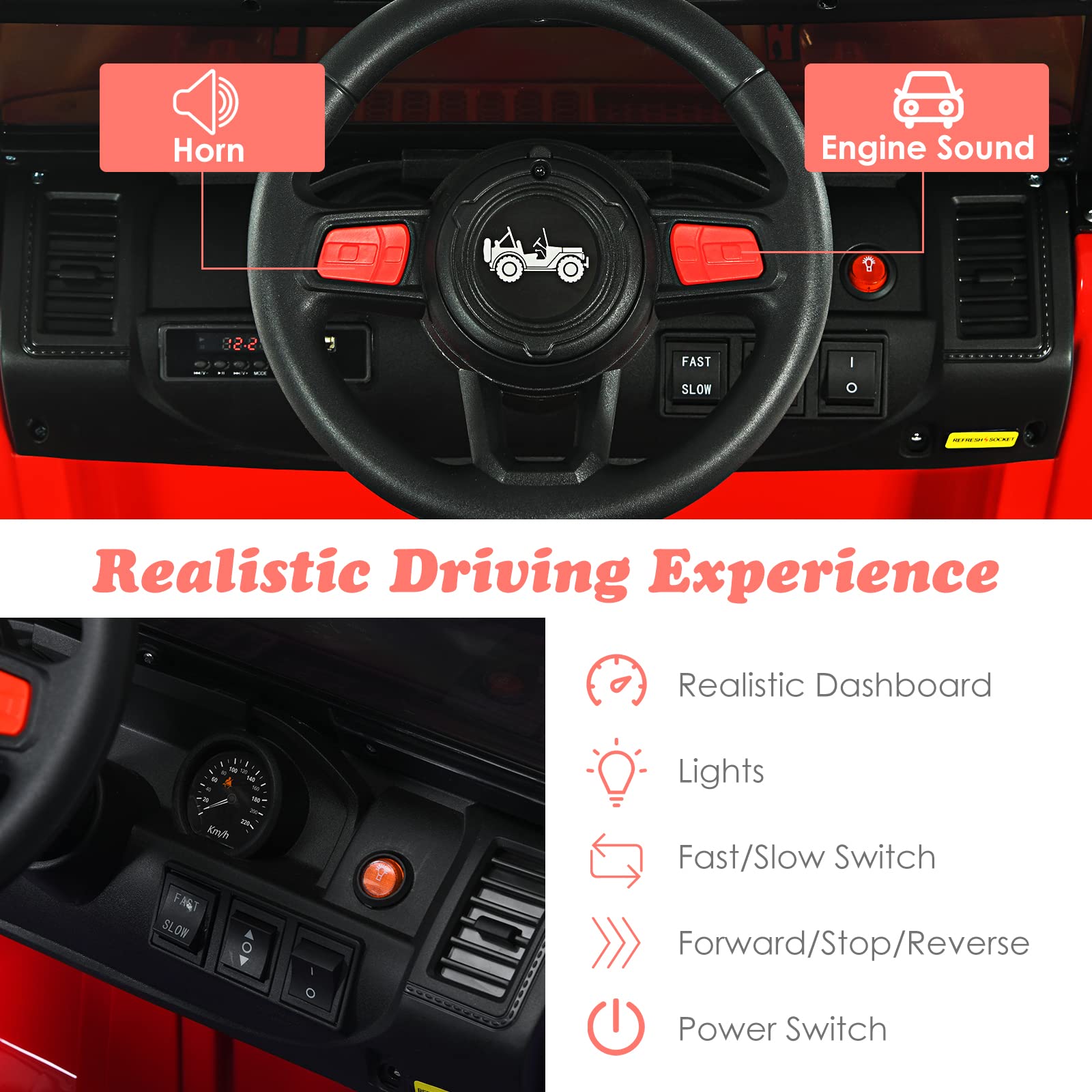 OLAKIDS 12V Electric Ride On Truck for Kids - Remote Control Battery Powered Toddler Car with Music, Horn, 3 Speed Settings, LED Lights & Bluetooth - Perfect for Indoor & Outdoor Play (Red)