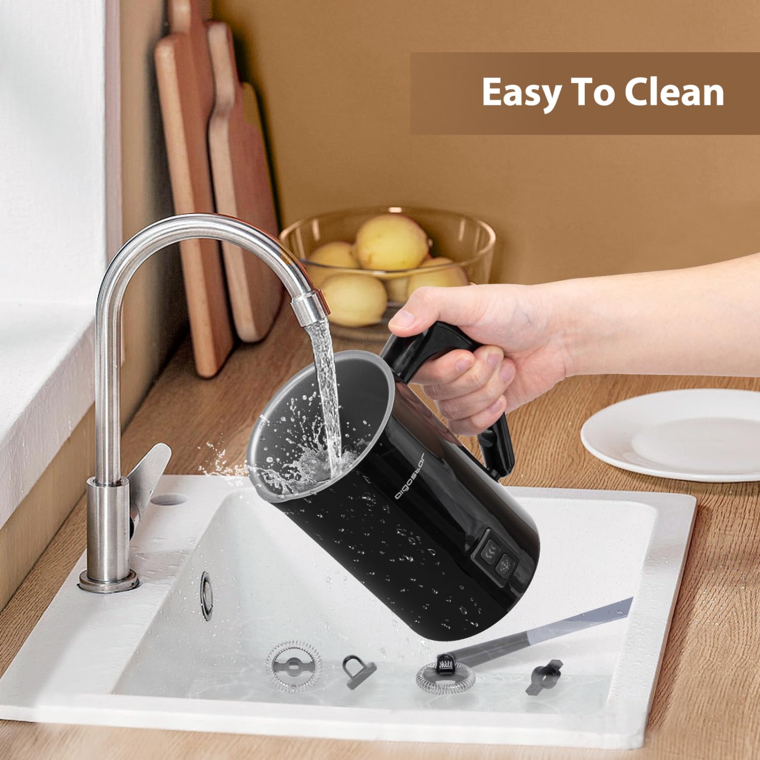 Aigostar 4-in-1 Electric Milk Frother & Steamer - Automatic Hot/Cold Milk Foam Maker for Coffee, Latte, Cappuccino & Hot Chocolate - Silent Operation, Black - Perfect for Home Baristas & Coffee Lovers