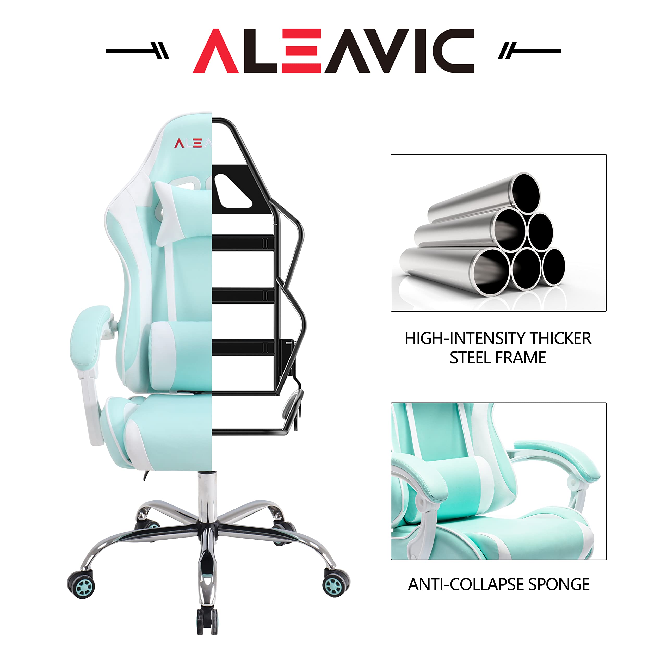 ALEAVIC Ergonomic Gaming Chair - High Back Adjustable Racing Style PU Leather Computer Chair with Headrest & Lumbar Support for Adults - Perfect for Esports, Office Work & Home Gaming Setup