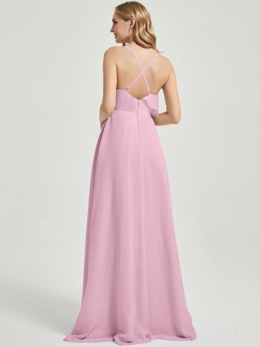 Elegant Mauve Chiffon Maxi Bridesmaid Dress with Criss Cross Straps, Ruffles & High Slit - Perfect for Weddings, Parties & Formal Events