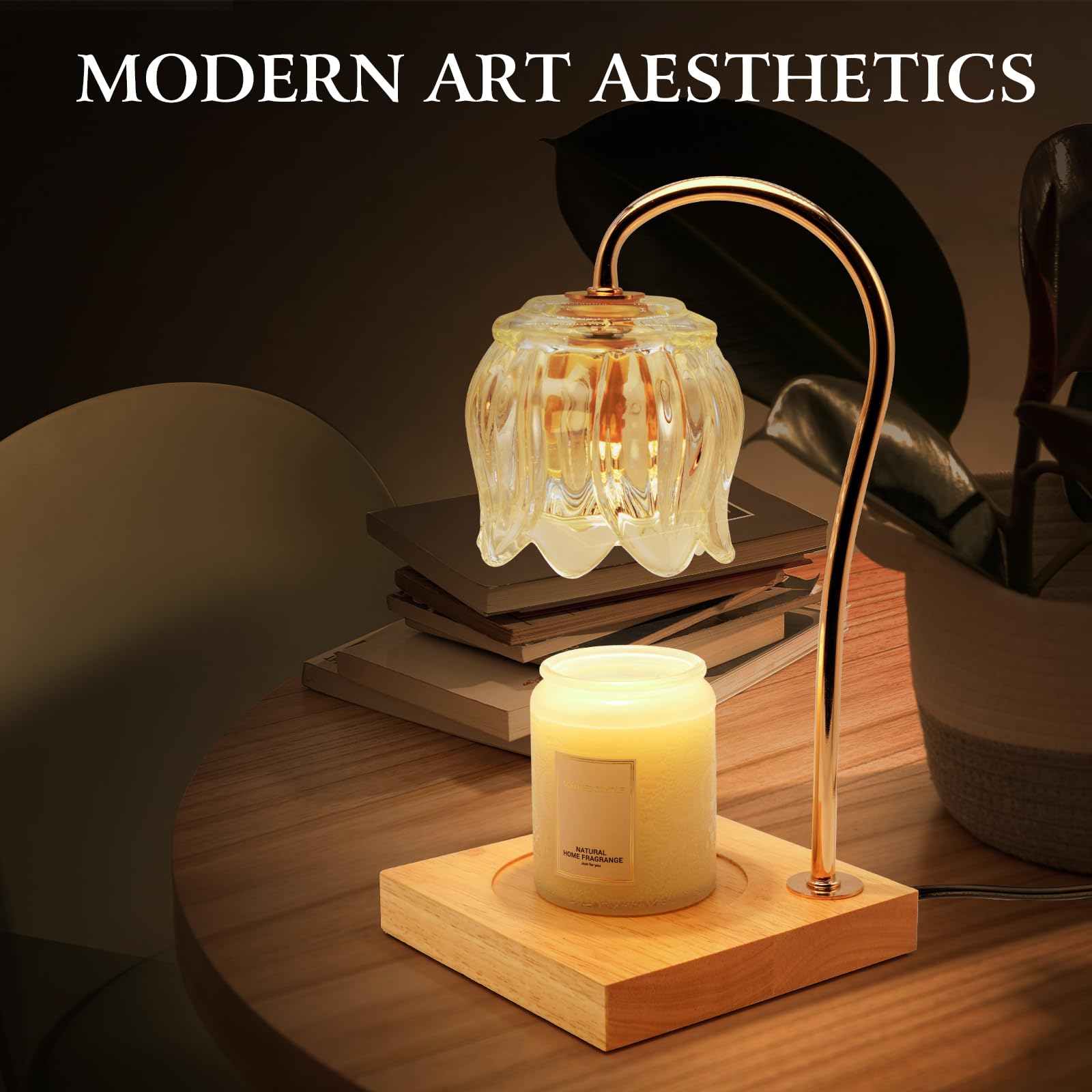 Tulip Candle Warmer Lamp with Timer & Dimmer - Wooden Base & Clear Glass Shade Wax Melter for Home Decor, Romantic Ambiance & Aesthetic Room Lighting - Perfect Gift for Women, Mothers Day, Valentine's Day & Housewarming