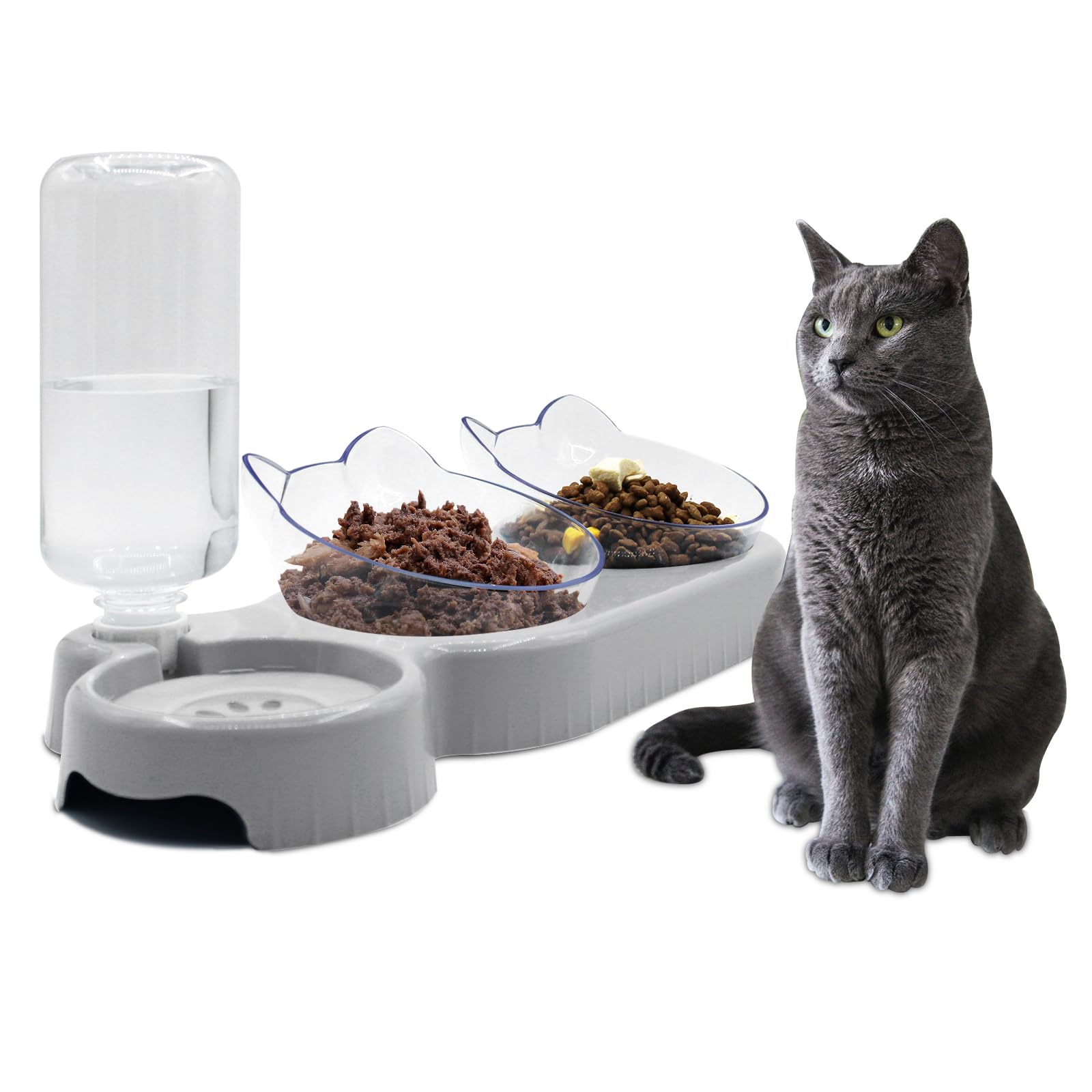 **Triple Cat Bowls with 15° Tilt - 3-in-1 Elevated Pet Feeder for Cats & Puppies | Whisker-Friendly Wet & Dry Food Bowls with Automatic Water Bottle | Perfect for Small Pets, Home & Travel Use (Lead White)**