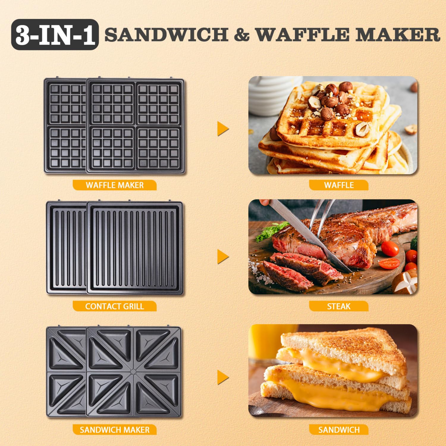 Taylor Swoden 3-in-1 Sandwich Maker & 4-Slice Waffle Iron, 1200W Panini Press Grill with Non-Stick Plates, Double-Sided Heating, Indicator Lights & Cool-Touch Handle - Perfect for Breakfast, Brunch & Quick Meals - Easy to Use & Clean (Black)