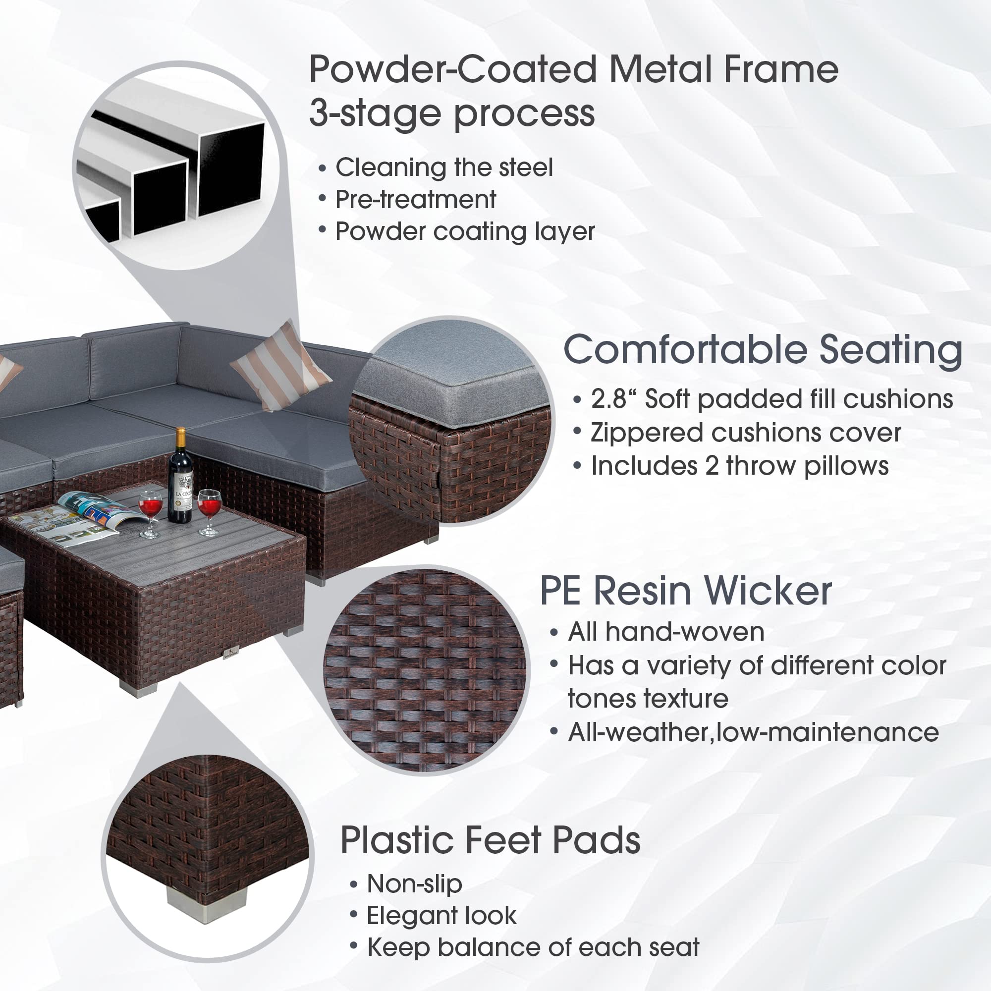 7-Piece Outdoor Patio Furniture Set with Cushions - PE Rattan Wicker Sectional Sofa & Coffee Table - Waterproof & Durable for Garden, Deck, Poolside (Gray) | Perfect for Backyard Relaxation, Outdoor Entertaining & Lounging