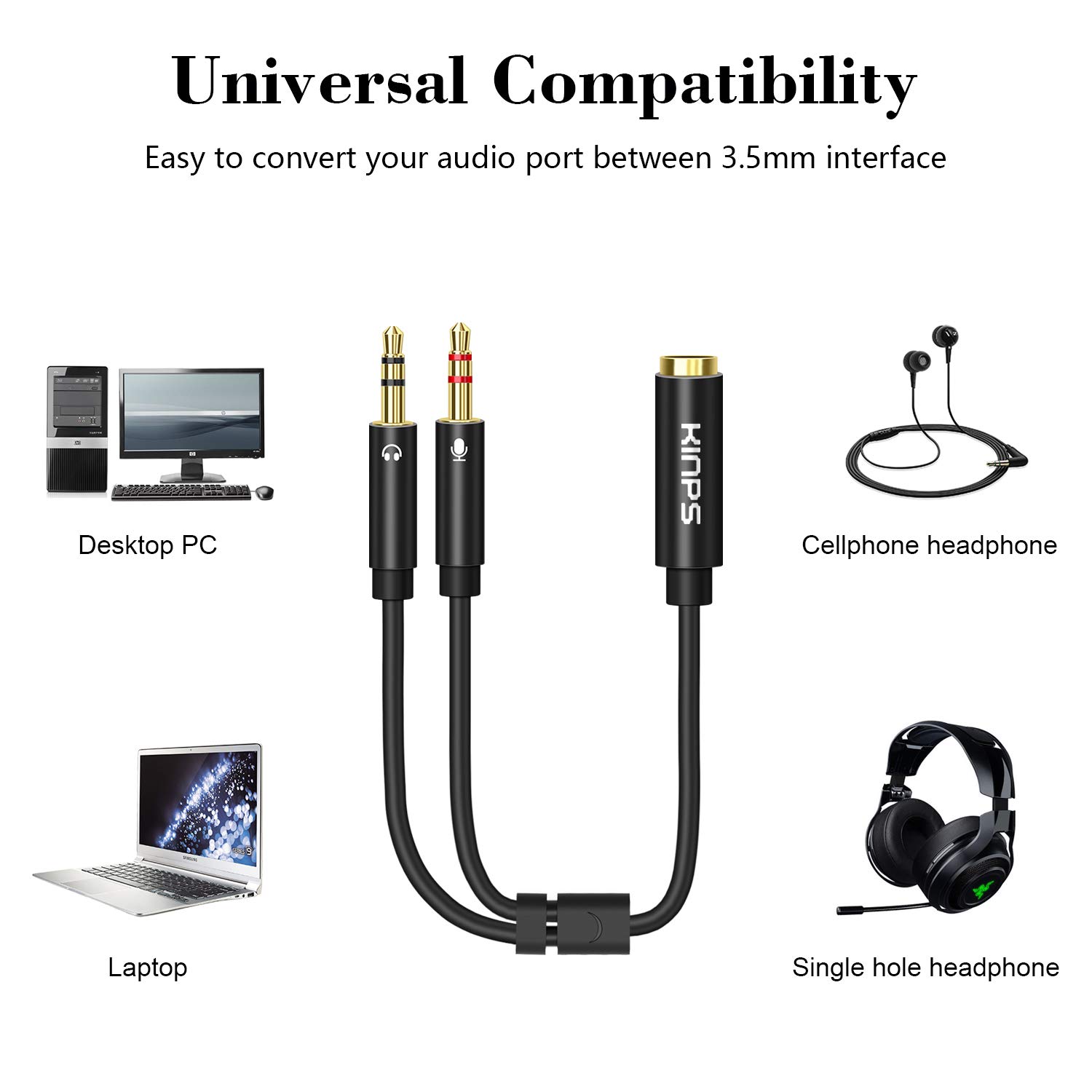 KINPS 3.5mm Headphone Splitter - Female to Dual Male Audio Y Cable for PC, Laptop, Smartphone - Connect 2 Headphones for Gaming, Music Sharing & Conference Calls (6.5ft)