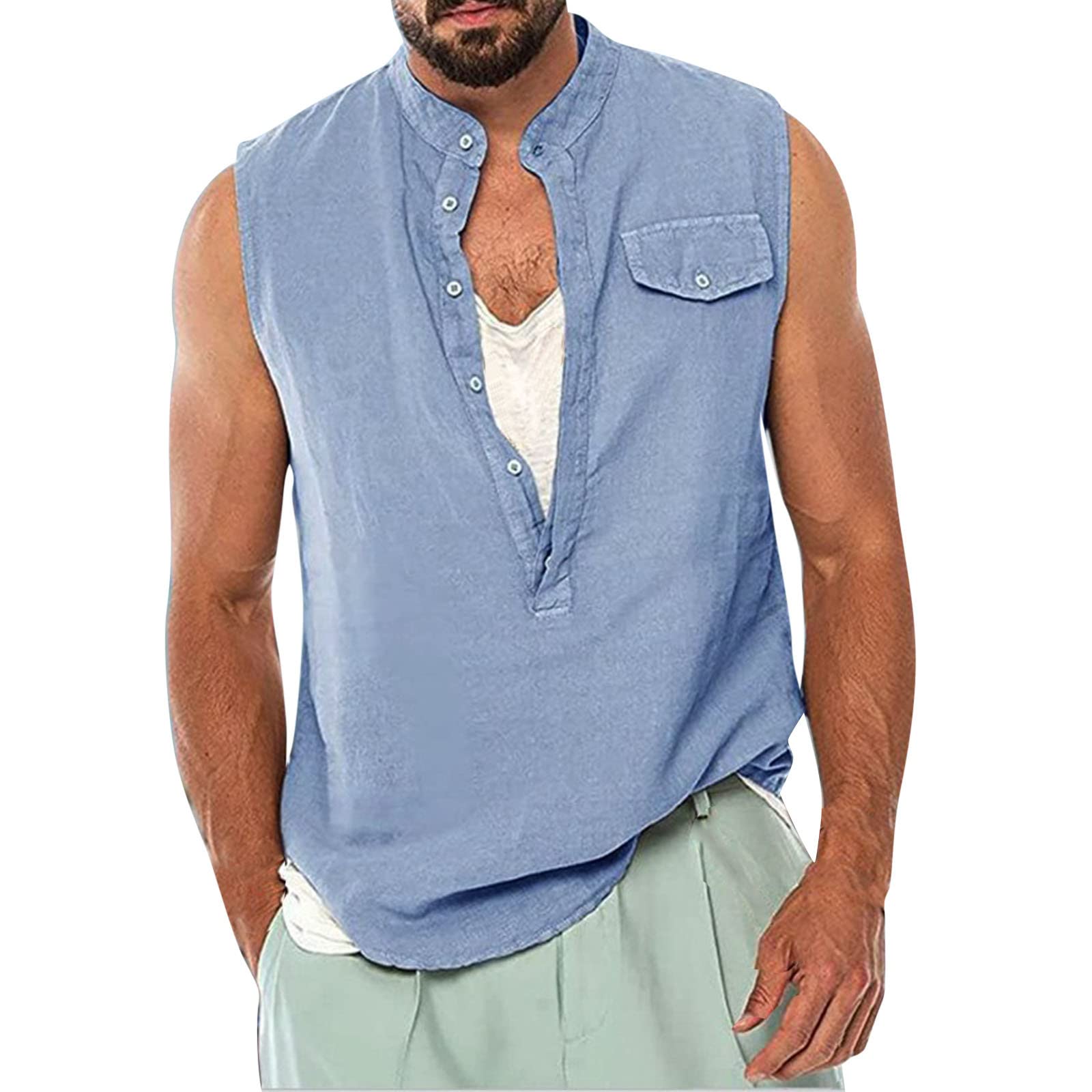 Men's Linen Cotton Sleeveless V-Neck Tank Top - Breathable Summer Beach Shirt, Hippie Punk Tunic Blouse with Button Down Design for Casual Wear, Outdoor Activities & Music Festivals