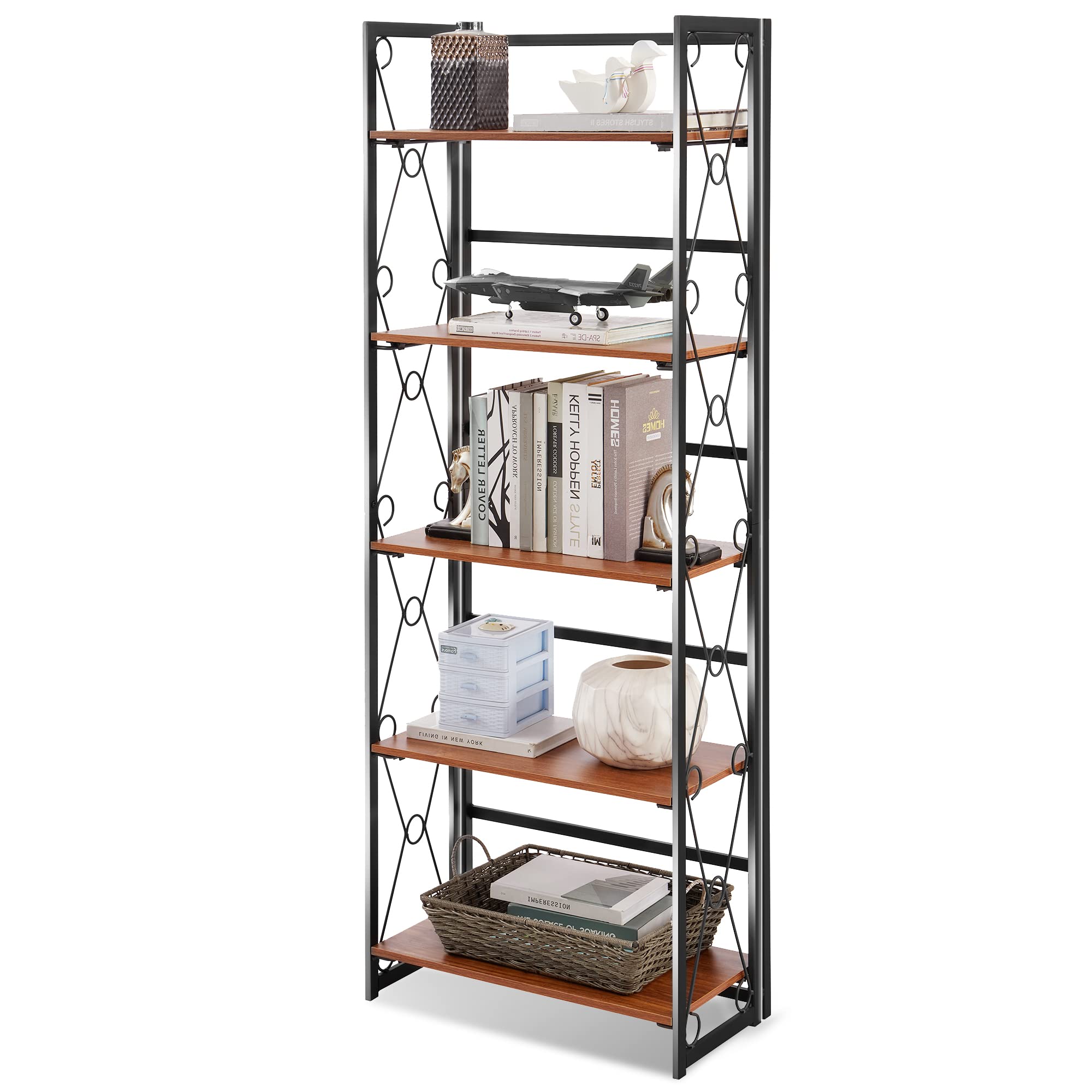 VECELO 5-Tier Foldable Bookshelf - Easy 2-Step Assembly, Sturdy Metal X-Frame Design with Anti-Tip Safety Feature for Home, Office & Dorm Organization (1 Set) | Perfect for Storing Books, Toys, Decor & More in Small Spaces