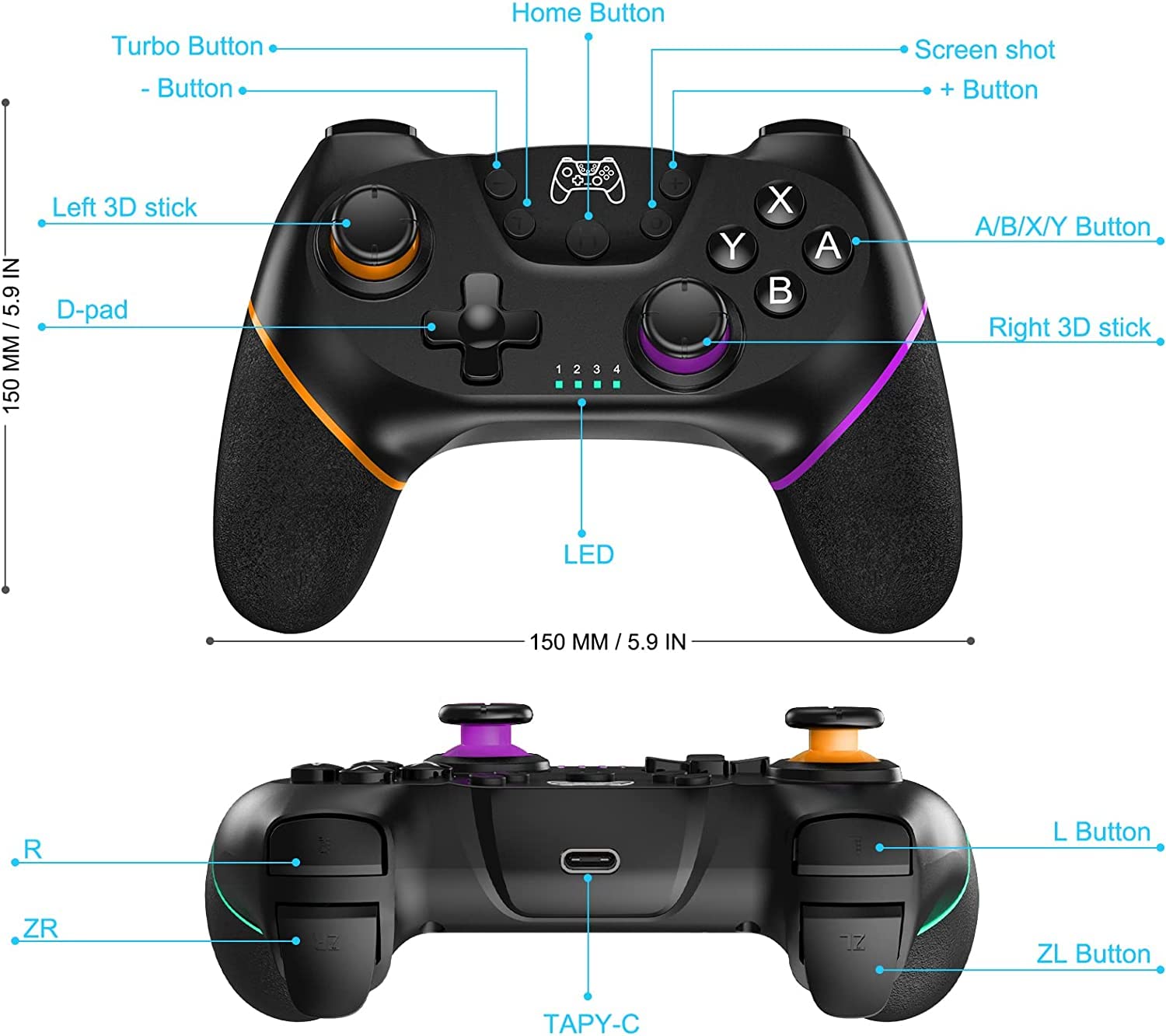 Wireless Switch Pro Controller with Bluetooth, Dual Shock, 6-Axis Gyroscope & Turbo Function - Compatible with Nintendo Switch - Perfect for Gaming, Travel & Multiplayer Fun