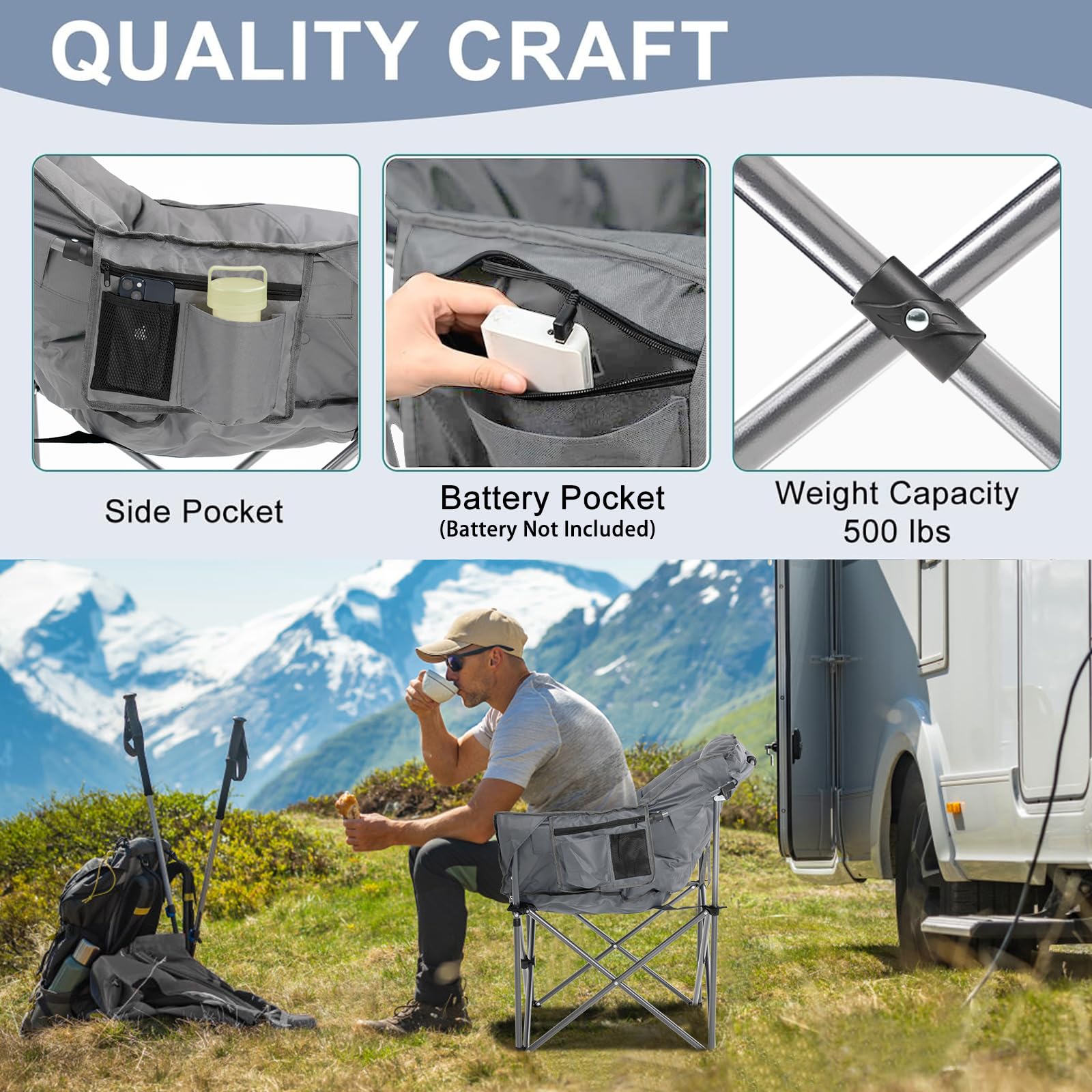Slsy Oversized Heated Camping Chair - 500 lbs Weight Capacity, Portable Folding Heated Seat for Outdoor Sports, Camping, Picnics & Patio Use - Perfect for Cold Weather Adventures, Backyard Relaxation & Tailgating Parties