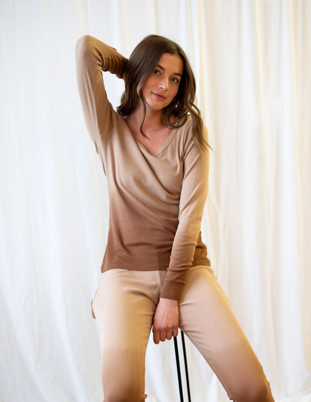 Women's Beige Ombré Tie Dye Cotton Pajama Set - Soft & Comfortable Sleepwear for Lounge & Relaxation at Home