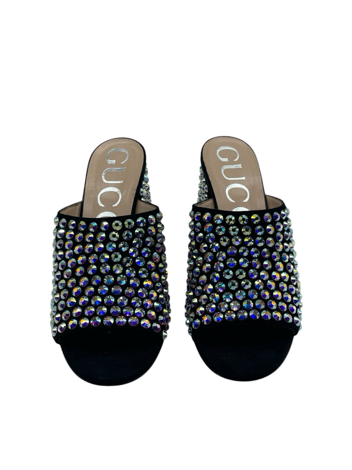 Gucci Embellished Suede Mules for Women - Size 37.5 (US 7.5) | Luxury Slip-On Loafers with Rhinestone Details - Perfect for Casual Outings, Office Wear & Special Occasions