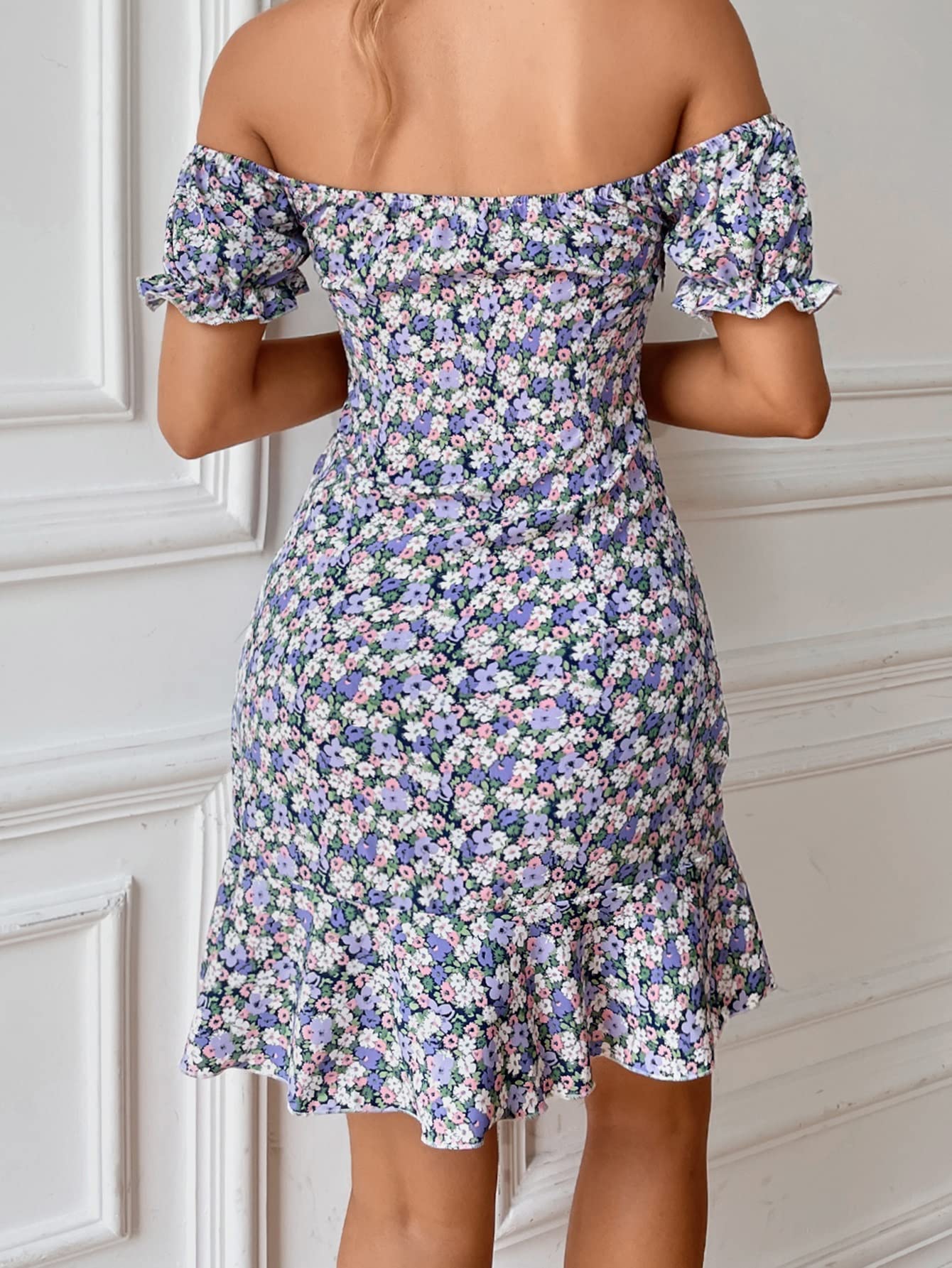 Floral Off Shoulder Summer Dress for Women - Short Sleeve Ruched Bust Knotted Ruffle Hem Casual Beach Party Dress | Perfect for Vacations, Date Nights & Outdoor Events