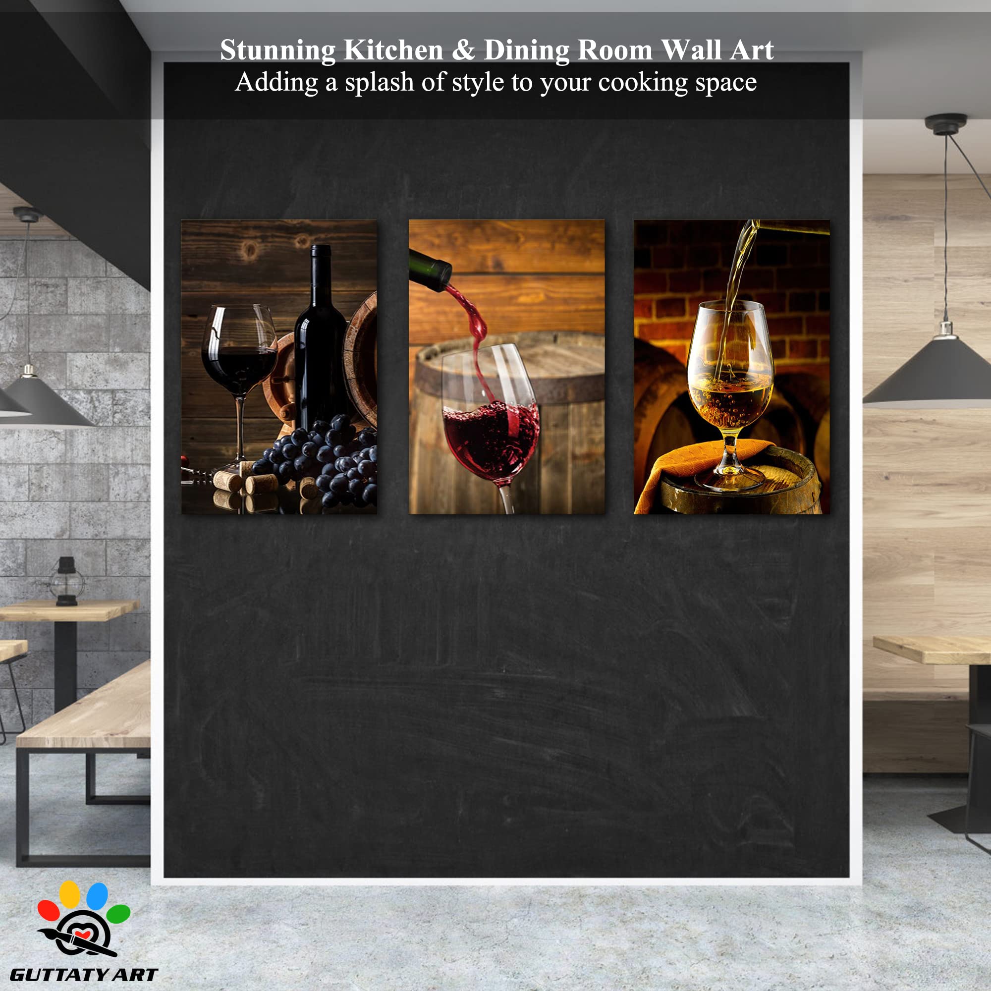 Modern Canvas Wall Art Set - 3-Piece Fruits & Red Wine Glasses Print for Dining Room, Kitchen & Living Room Decor - 20