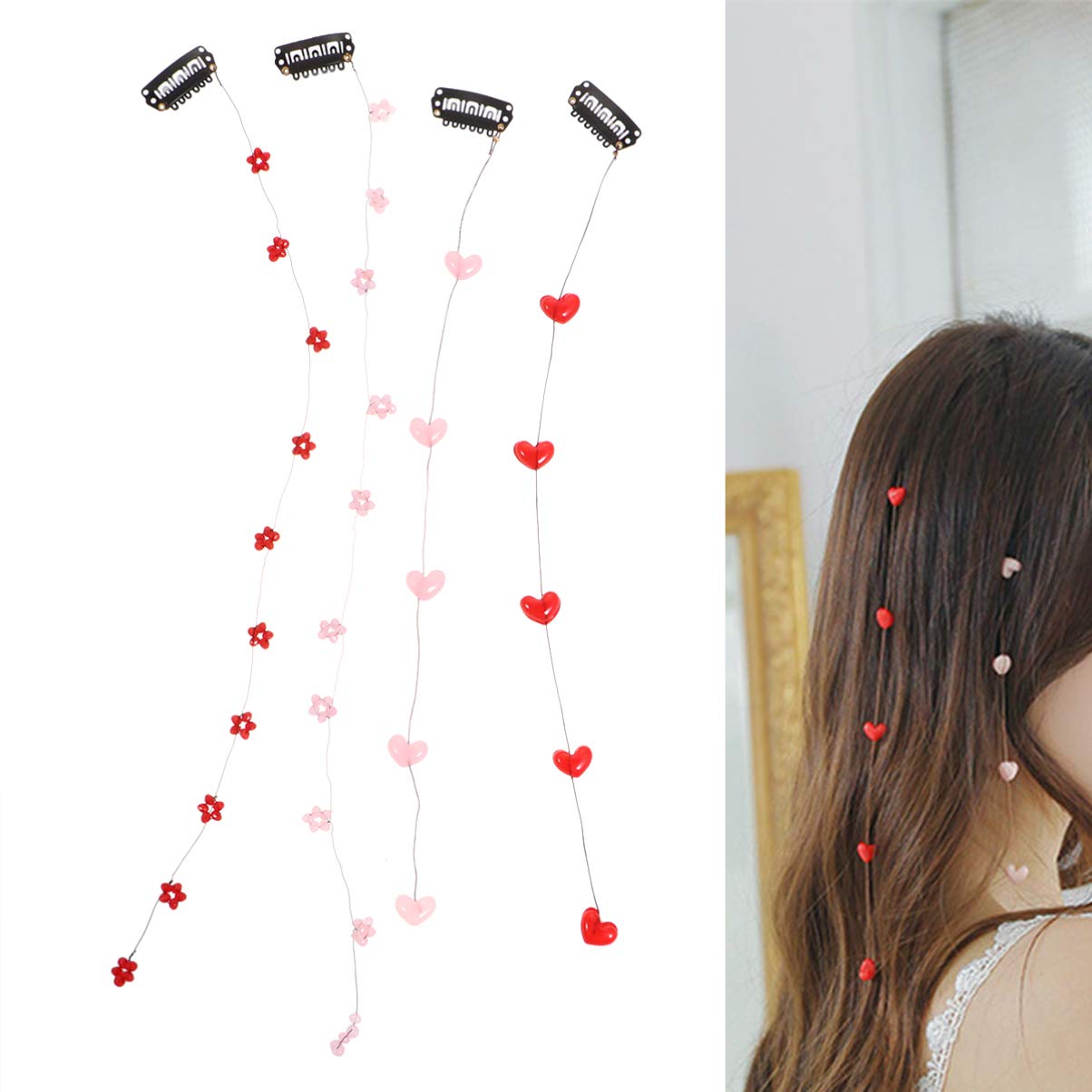 Beaupretty 4pcs Handmade Streamline Hair Extensions Clip Pins with Heart Beads - DIY Hair Clips for Women, Girls - Perfect for Weddings, Parties, Cosplay & Daily Hair Accessories