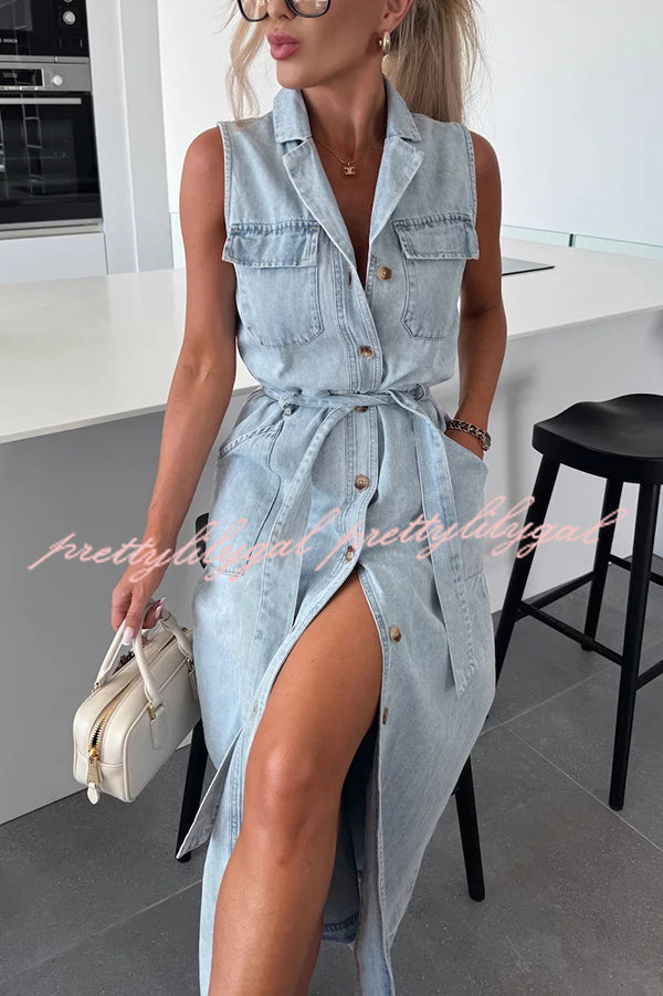 Solid Color Sleeveless Denim Midi Dress with Waist Tie & Pockets - Casual Summer Dress for Women, Perfect for Beach Outings, Picnics, and Weekend Brunch