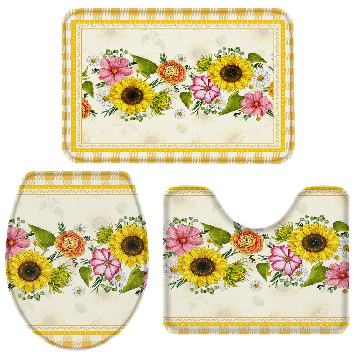 3-Piece Sunflower Bath Rug Set - Non-Slip Toilet Seat Cover & Contour Mat - Yellow Floral Plaid Bathroom Floor Mats for Pedestal Sink - Rustic Summer Decor for Farmhouse & Cottage Style Bathrooms