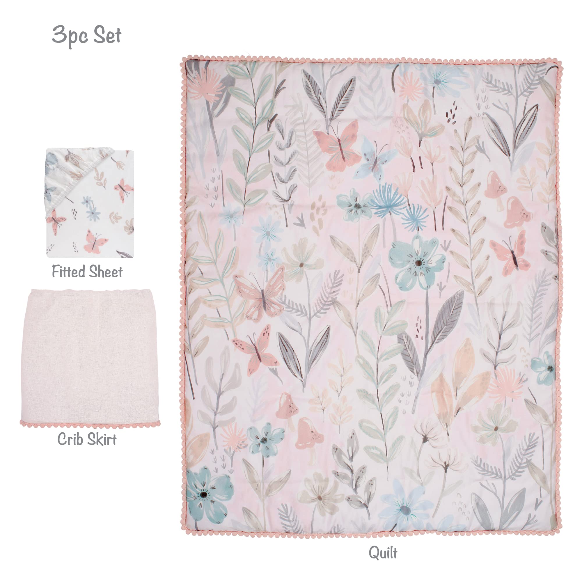 Lambs & Ivy Baby Blooms 3-Piece Pink Floral Butterfly Crib Bedding Set - Soft Nursery Bedding for Girls, Crib Sheet, Skirt & Bumper - Perfect for Baby Showers & Nursery Decor