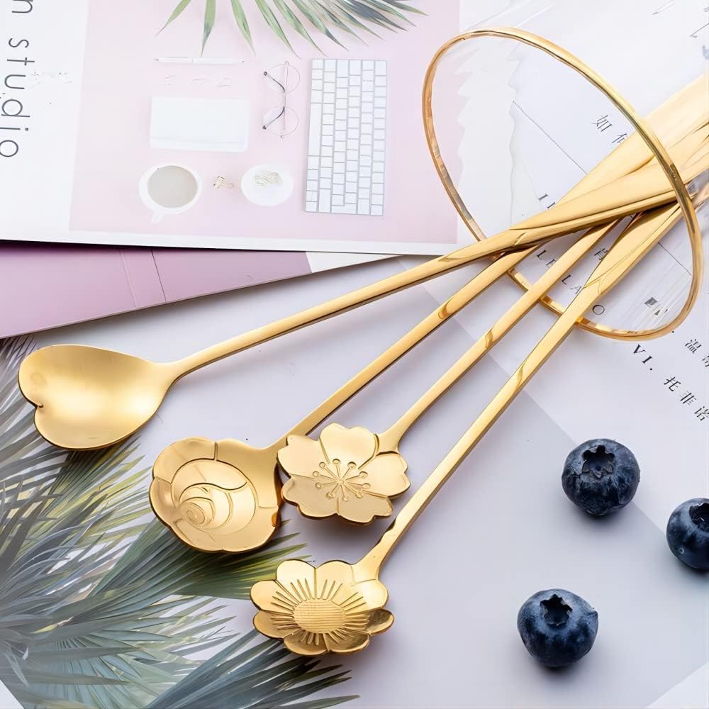 Zacova 18cm 4-Piece Stainless Steel Gold Flower Coffee Spoon Set - Elegant Dessert & Tea Spoons for Kitchen, Dining & Gifting - Perfect for Coffee Shops, Restaurants & Home Entertaining