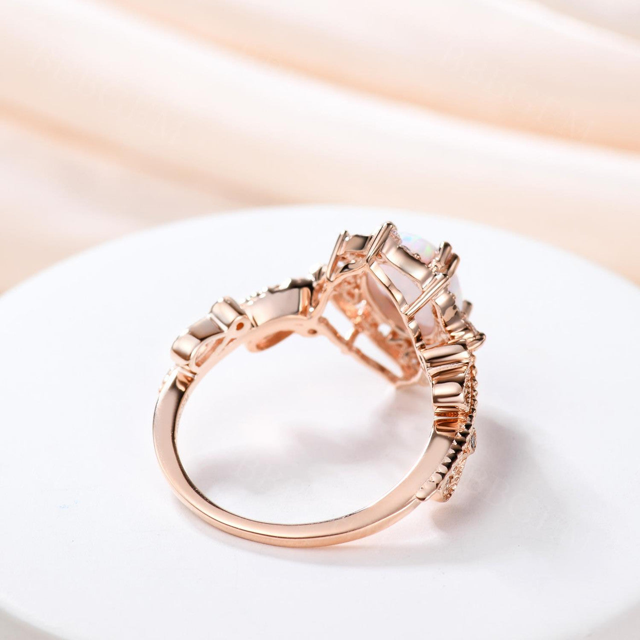 14K Yellow Gold White Opal Engagement Ring with Diamond Accents - Filigree Milgrain Wedding Band for Women, Bridal Jewelry Gift for Her | Perfect for Proposals, Anniversaries & Special Occasions