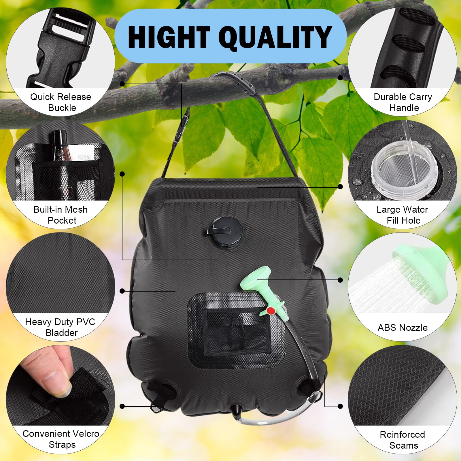 5 Gallon Solar Shower Bag - Portable 20L Camping Shower with Removable Hose & On/Off Switchable Shower Head - Perfect for Beach, Hiking, RV Trips & Outdoor Adventures