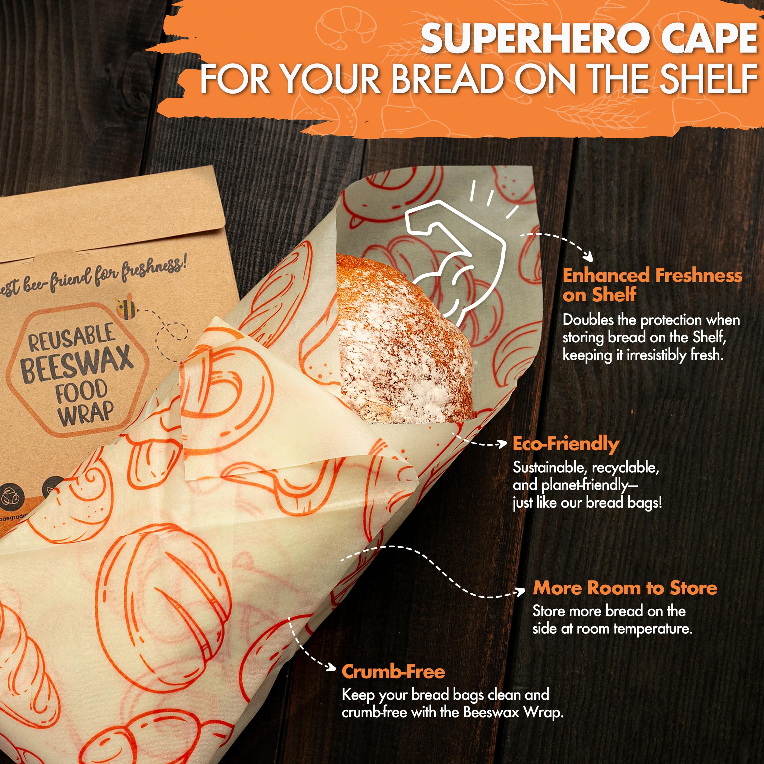 Reusable Sourdough Bread Bags for Homemade Bread Storage - BPA-Free, Freezer Safe Bread Bags with Beeswax Wrap - 2 Pack Retro Orange Bread Containers by Oscar's Bakery - Perfect for Fresh Bread, Sourdough, Baguettes & Artisan Loaves