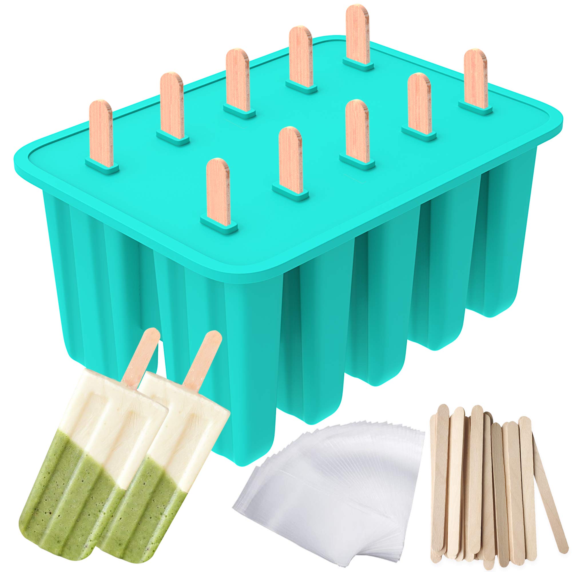 Ozera 10-Cavity Silicone Popsicle Molds for Homemade Ice Pops - Includes 50 Popsicle Sticks & 50 Storage Bags - Perfect for Summer Treats, Kids Snacks, and Healthy Frozen Desserts