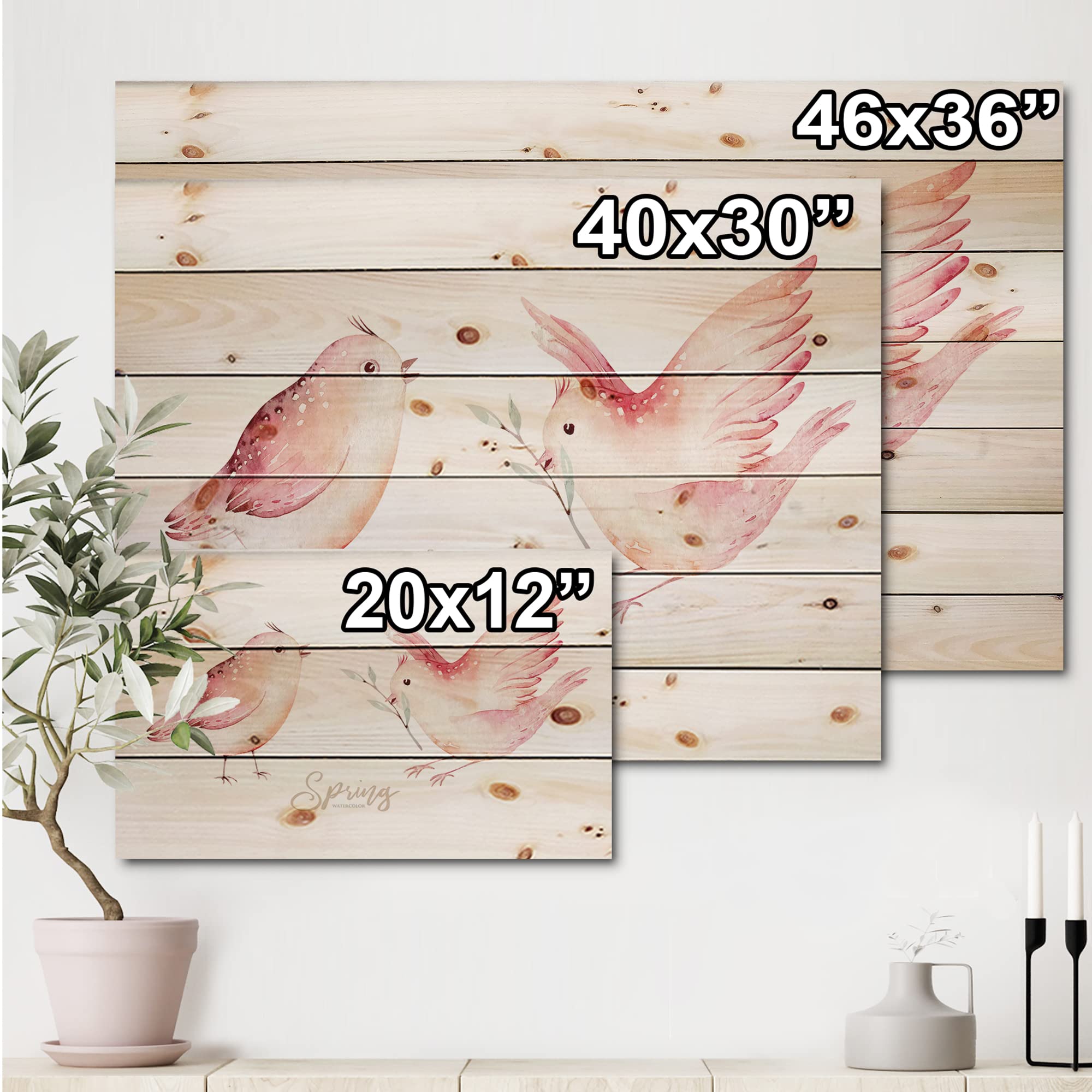 DesignQ Spring Bird on Blooming Branch with Green Leaves - Traditional Print on Natural Pine Wood Wall Art - Perfect for Home Decor, Living Room, Bedroom & Office