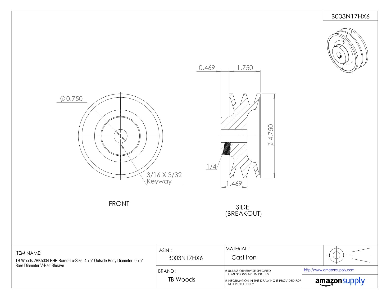 2BK5034 FHP Bored-To-Size V-Belt Sheave - 4.75