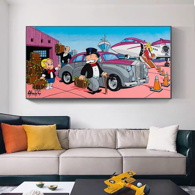 Alec Monopoly Canvas Wall Art: Richie at Airport - Pop Art Painting for Home & Office Decor | Modern Wall Decor for Living Room, Bedroom, or Office