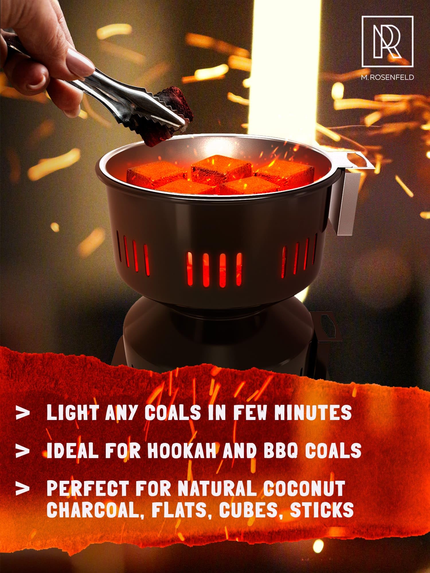 450W Electric Charcoal Starter - Fast & Safe Coconut Coal Lighter with Stainless Steel Tongs - Approved for Electric Stoves & Indoor/Outdoor BBQ, Camping, Smoking, Grilling