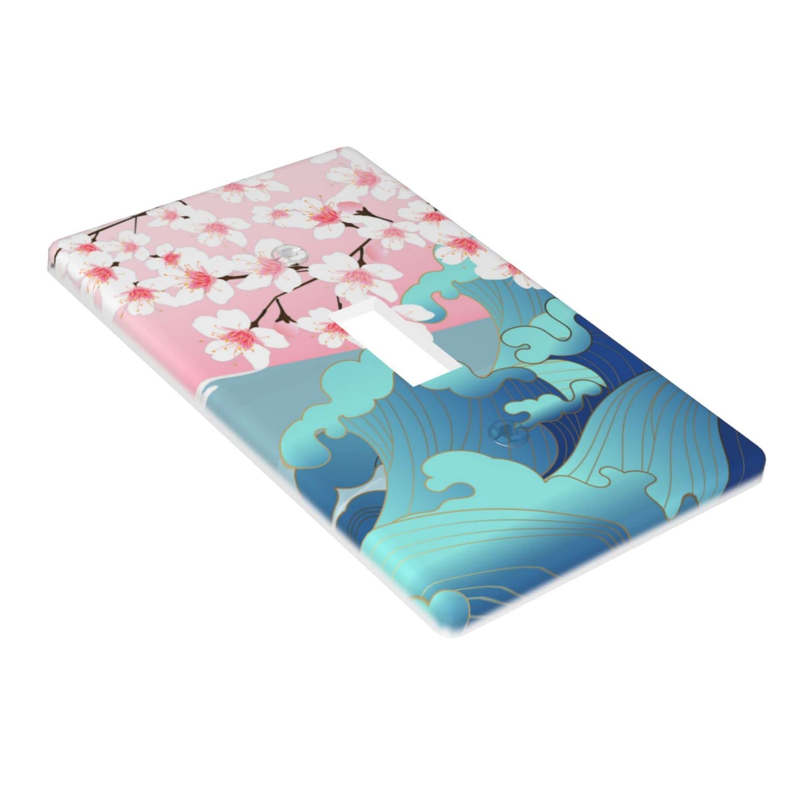 Japanese Wave Cherry Blossom Wall Plate Cover - Decorative Light Switch Plate for Bedroom, Kitchen & Home Decor - Perfect for Asian-Inspired Interior Design and Zen Home Decorating