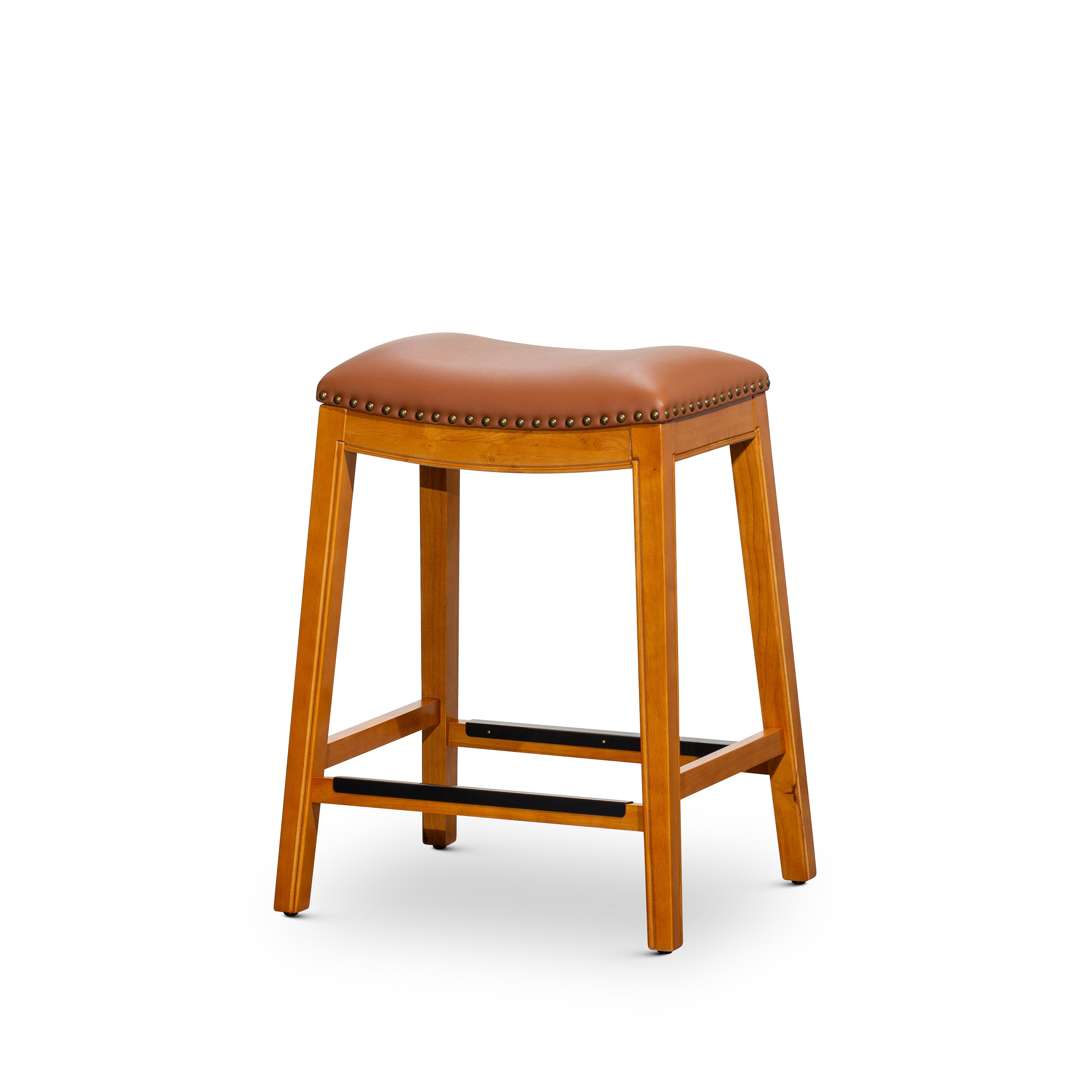 24 Inch Counter Stool with Saddle Leather Seat - Natural Wood Finish Bar Stool for Kitchen Island, Breakfast Nook & Home Bar Decor