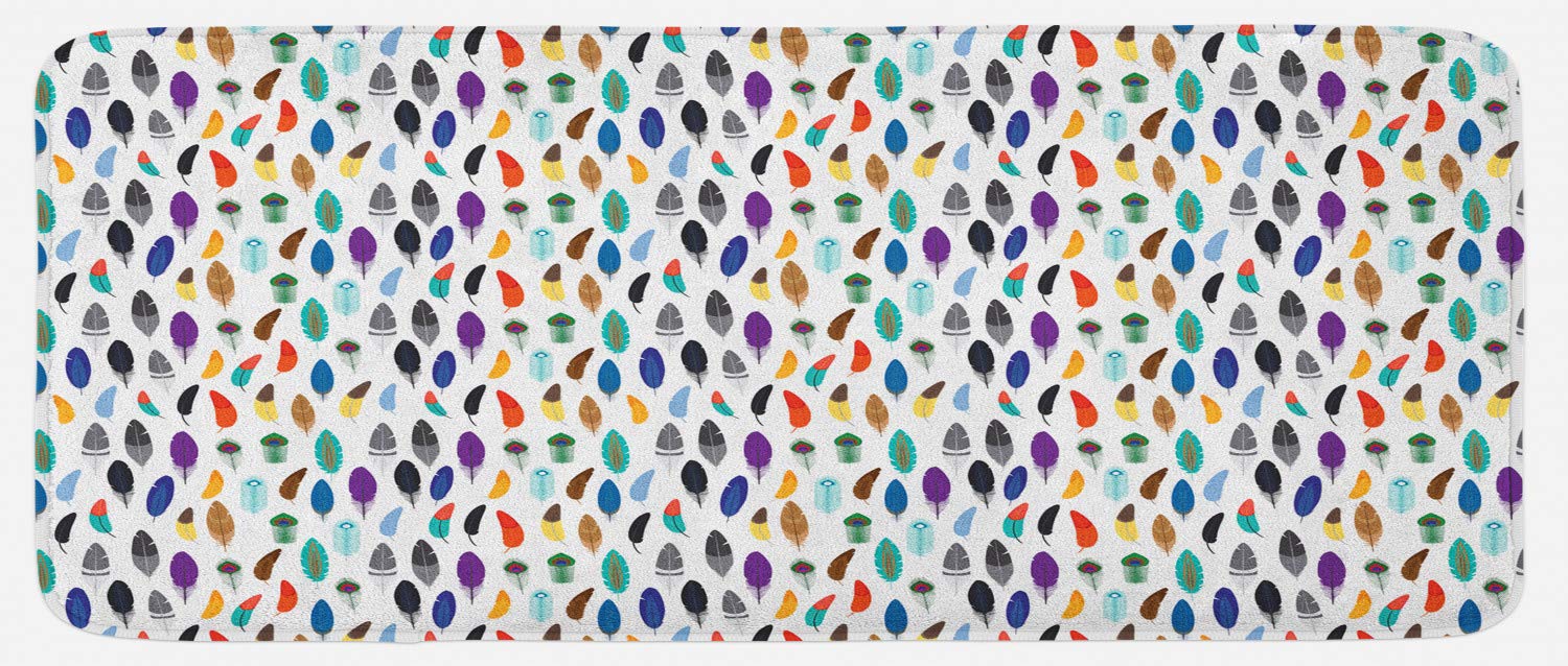 Ambesonne Non-Slip Bohemian Feather Kitchen Mat - Colorful Quill Folklore Design, Plush Decor Rug for Floors, 47
