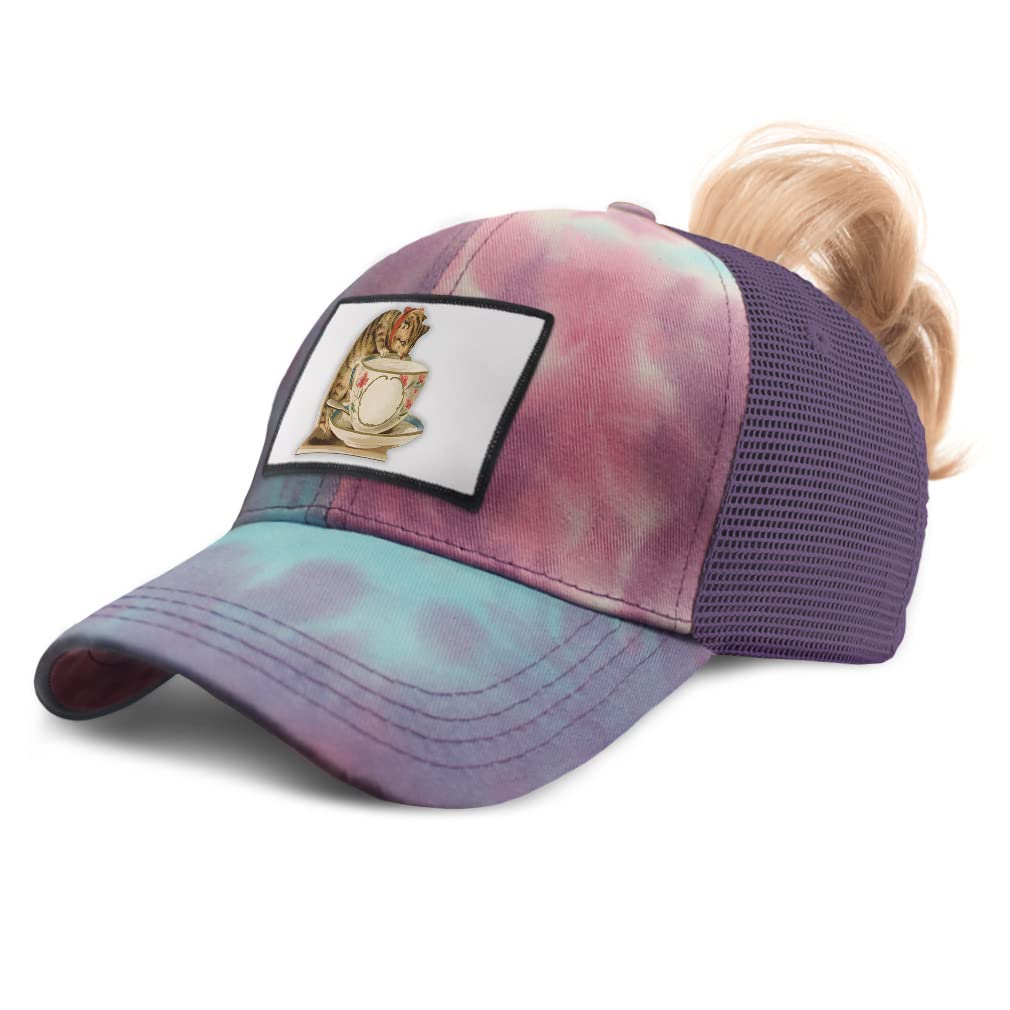Women's Vintage Cat Teacup High Ponytail Trucker Hat - Cute Pet Lover Baseball Cap for Cat Owners, Perfect for Casual Outfits & Cat-Themed Parties