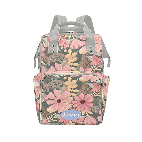 Waterproof Pink Floral Diaper Backpack with Yellow Leaves - Personalized Baby Bag for Moms, Nursing Tote & Travel Essentials Organizer | Perfect for Daycare, Outings & Baby Showers Gifts