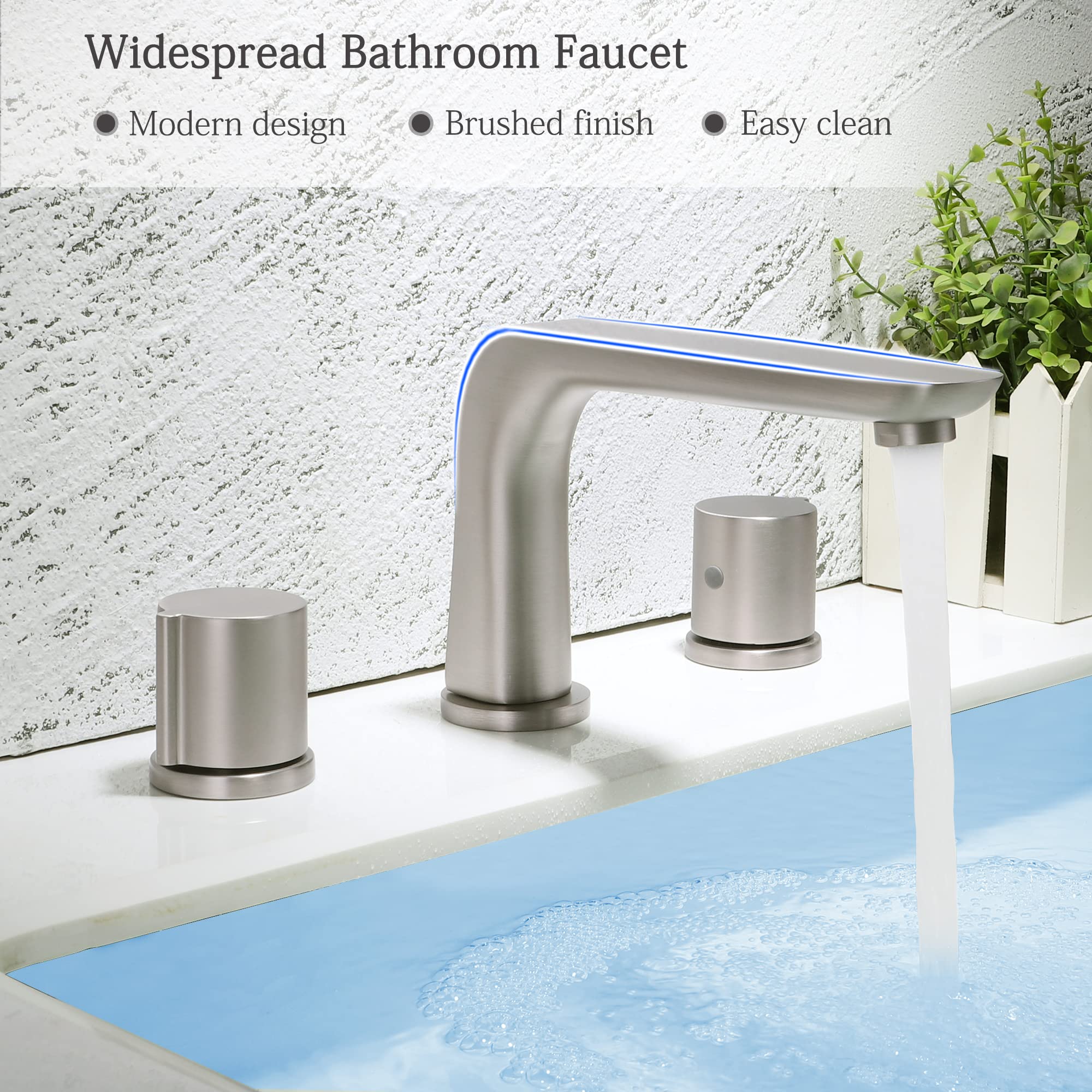 SKOWLL Brushed Nickel 3-Hole Widespread Bathroom Faucet - 2-Handle Deck Mount Vanity Sink Faucet with 360° Swivel Spout for Bathroom & Powder Room Sink Installation