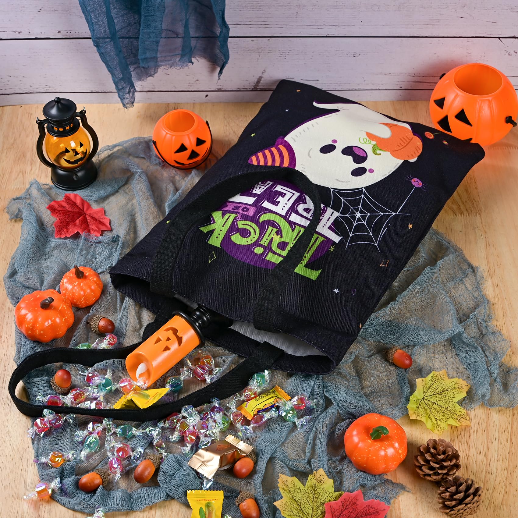 ATFUNSHOP Halloween Trick or Treat Bags - 15.7 Inch Large Reusable Ghost Canvas Tote Bucket for Kids - Perfect for Candy Collection, Halloween Parties & Festive Decorations